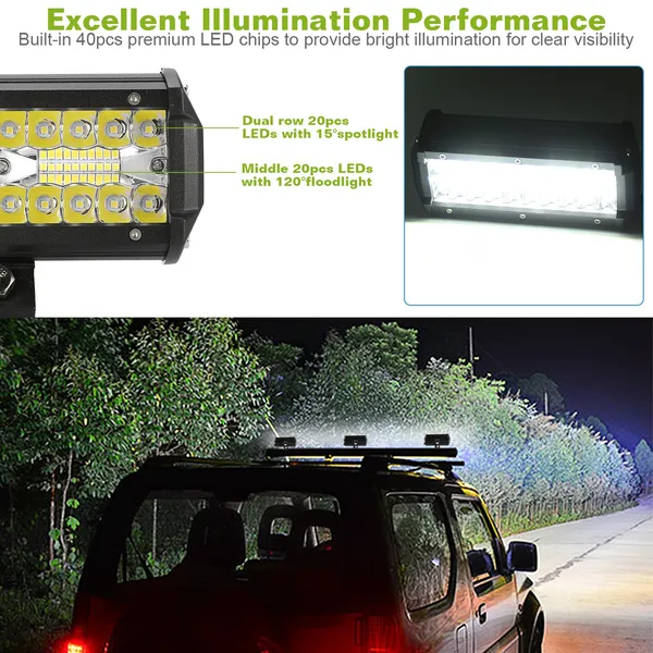 7in LED Light Bar 120W 12000LM LED Work Light Pods Offroad Driving Lights IP67 Waterproof Fog Light Spot Flood Beam For Jeep Trailer Truck Bus Boat photo 2