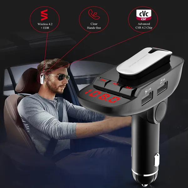 Car FM Transmitter W/ Wireless Earpiece 2 USB Charge Ports Hands-free Call MP3 Player photo 2
