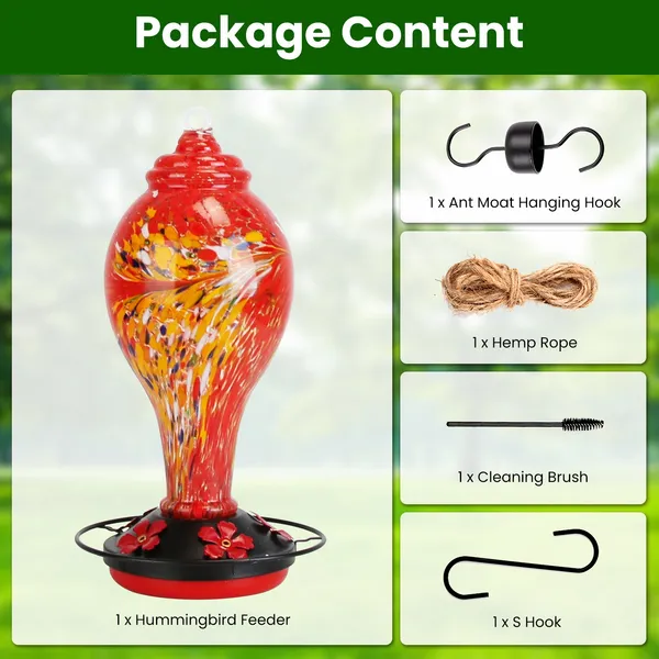Glass Hummingbird Feeder 33OZ Hand Blown Hummingbird Feeder With 5 Flower Feeding Port Perch Ant Moat Hanging Hook S Hook Hemp Rope Cleaning Brush For Garden Backyard Decor photo 3