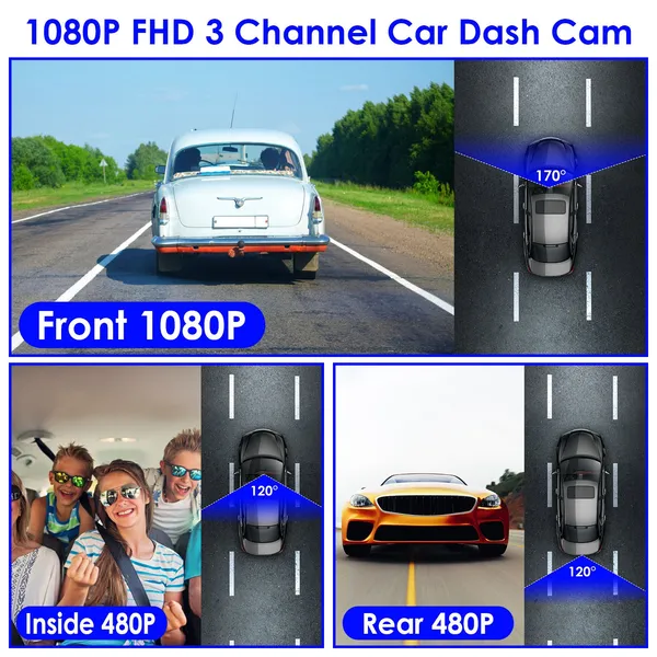 1080P FUD 3 Channel WiFi Dash Cam 170° Wide Angle Triple Car Camera With IR Night G-Sensor Motion Detection Loop Recording App Control Support 128G Max photo 5