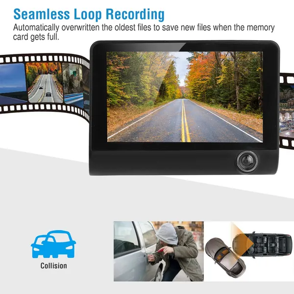 1296P Car DVR Dash Camera 4In 3 Lens Vehicle Driving Recorder Seamless Recording photo 4