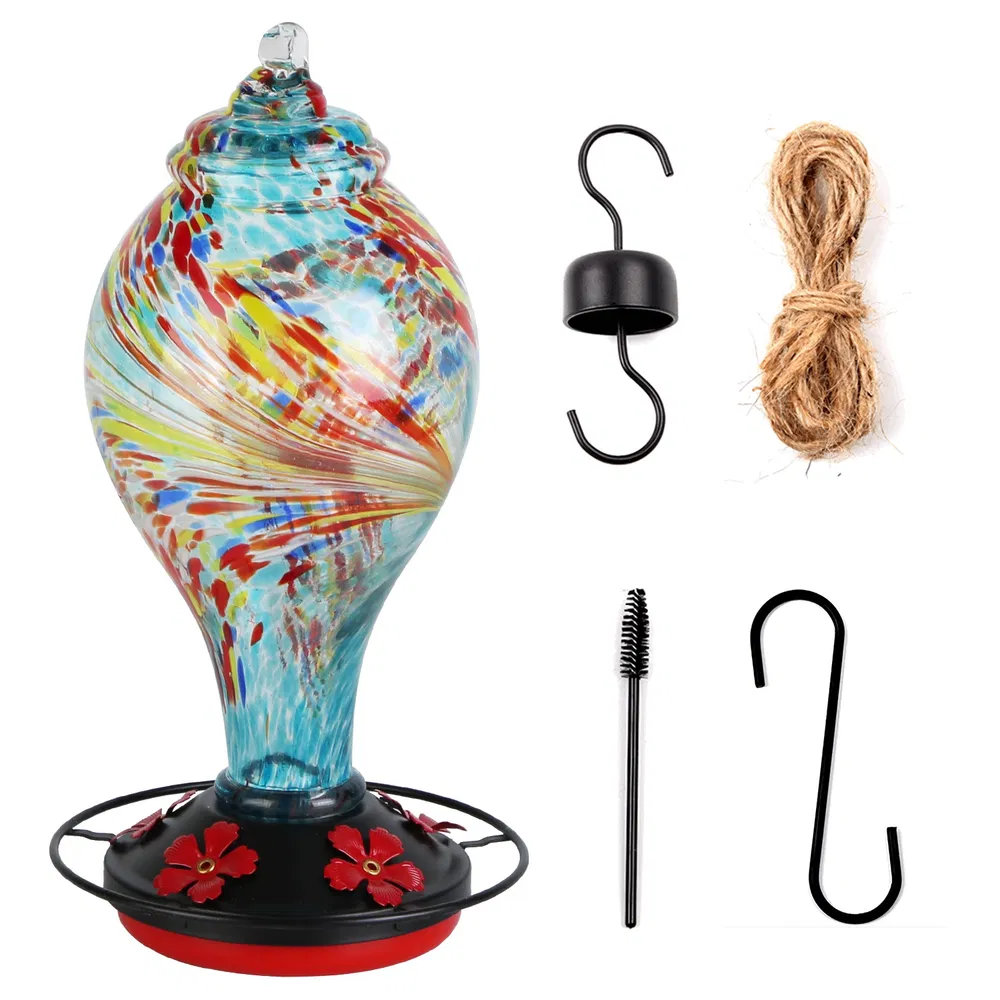 Glass Hummingbird Feeder 33OZ Hand Blown Hummingbird Feeder With 5 Flower Feeding Port Perch Ant Moat Hanging Hook S Hook Hemp Rope Cleaning Brush For Garden Backyard Decor photo 6