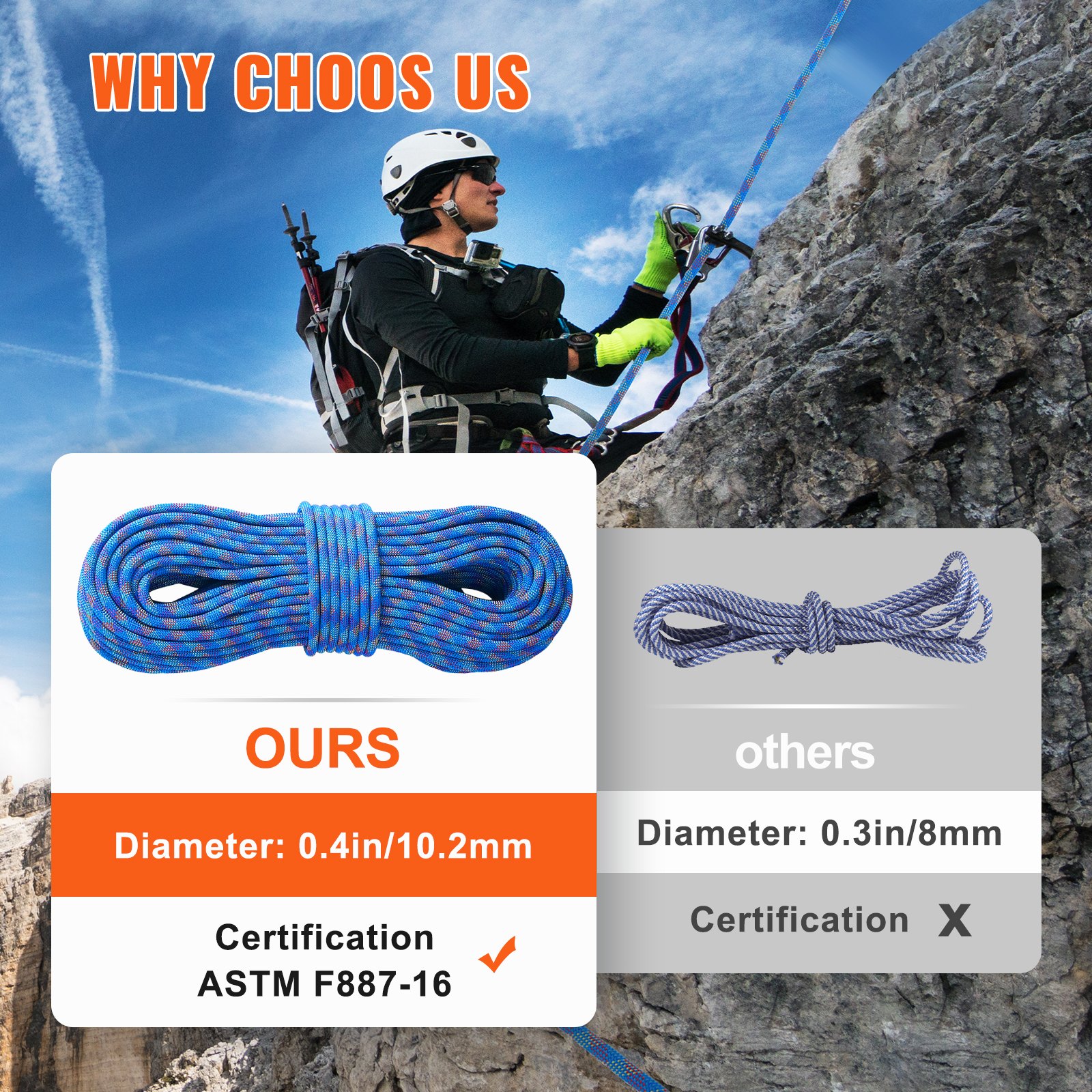 10.2mm Dynamic Climbing Rope, 60M(197ft) Outdoor Rock Climbing Rope 25KN Breaking Tension, Stretchable Fiber Rope With Steel Snap Hooks For Escape, Rappelling, Fire Rescue, Blue photo 4