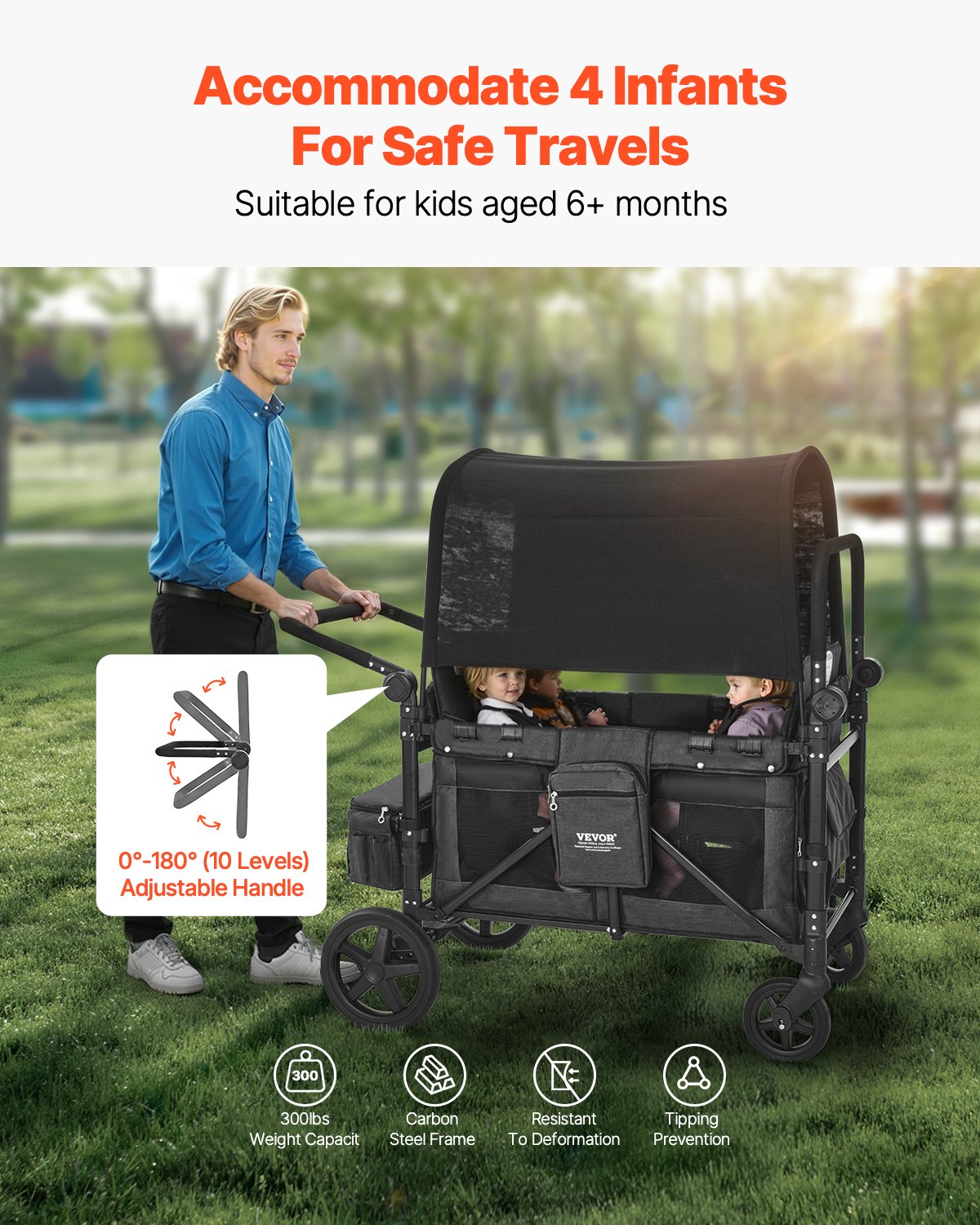 Wagon Stroller For 4 Kids Push Pull Quad Collapsible Stroller For Camping 330LBS photo 4