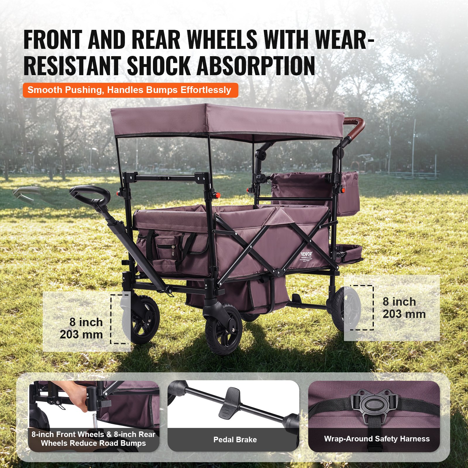 Wagon Stroller For 2 Kids, Push Pull Quad Collapsible Stroller With Adjustable Handle, Encircling Harness Removable Canopy,4 Wheels W/ Brakes,Mutifunction Tandem Stroller For Camping Dark Purple photo 3