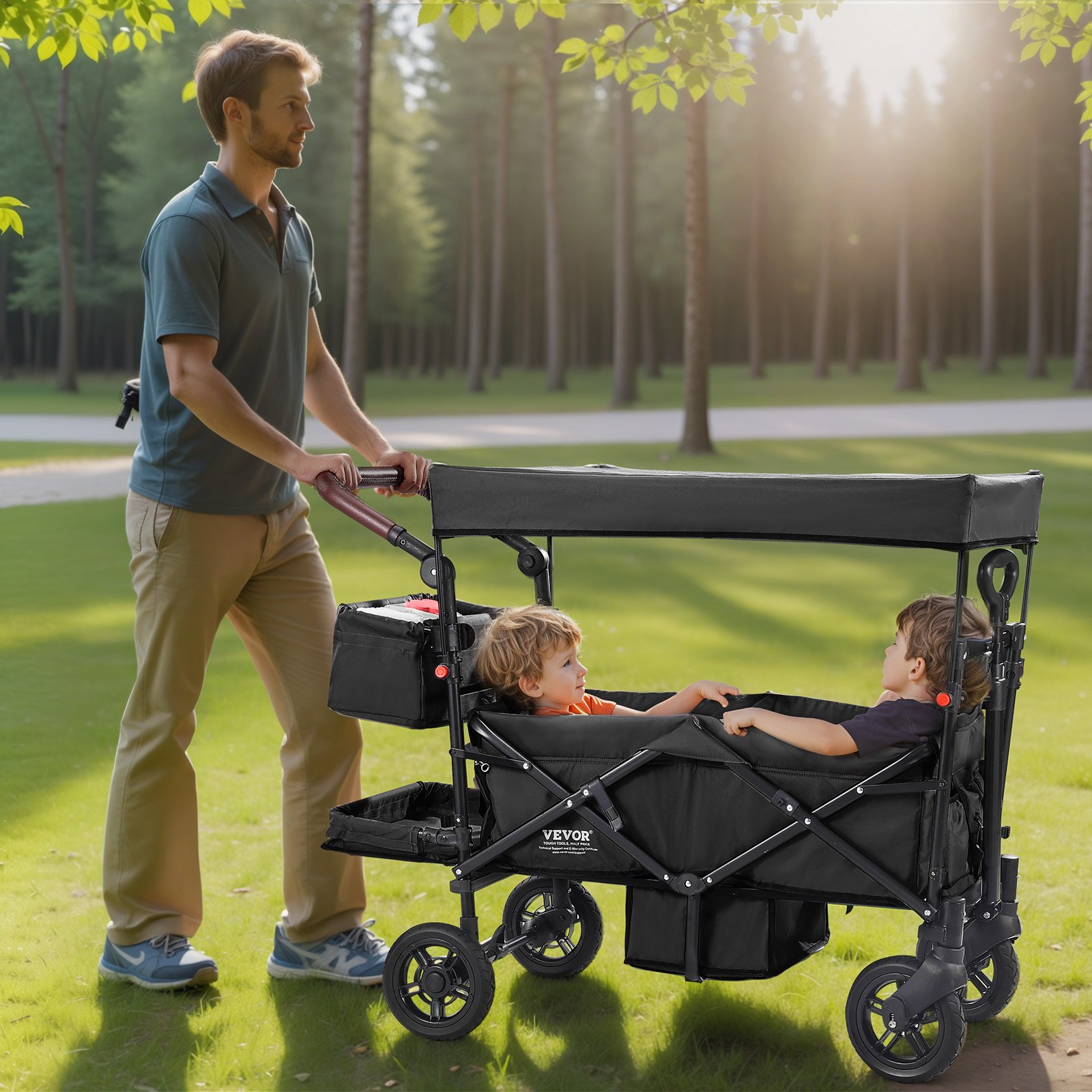 Wagon Stroller For 2 Kids, Push Pull Quad Collapsible Stroller With Adjustable Handle, Encircling Harness Removable Canopy, 4 Wheels With Brakes, Mutifunction Tandem Stroller For Camping Black photo 6