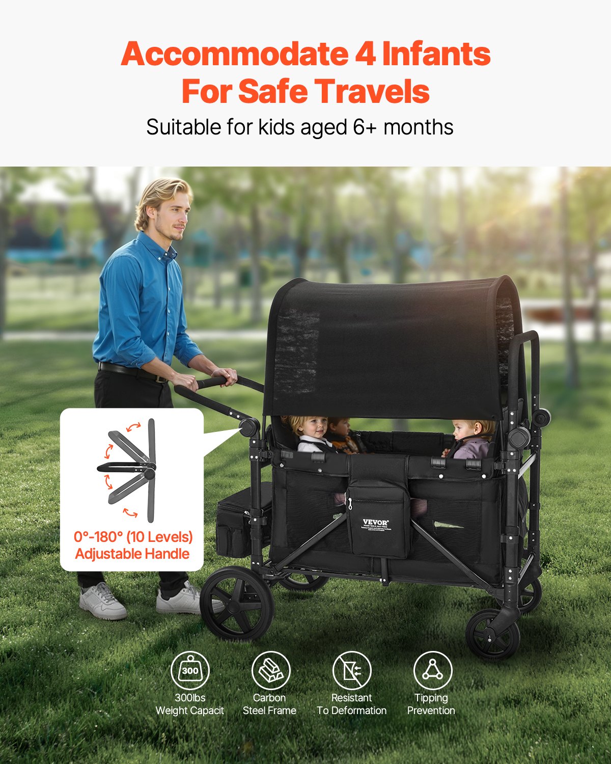 Wagon Stroller For 4 Kids Push Pull Quad Collapsible Stroller 330LBS Loading photo 5