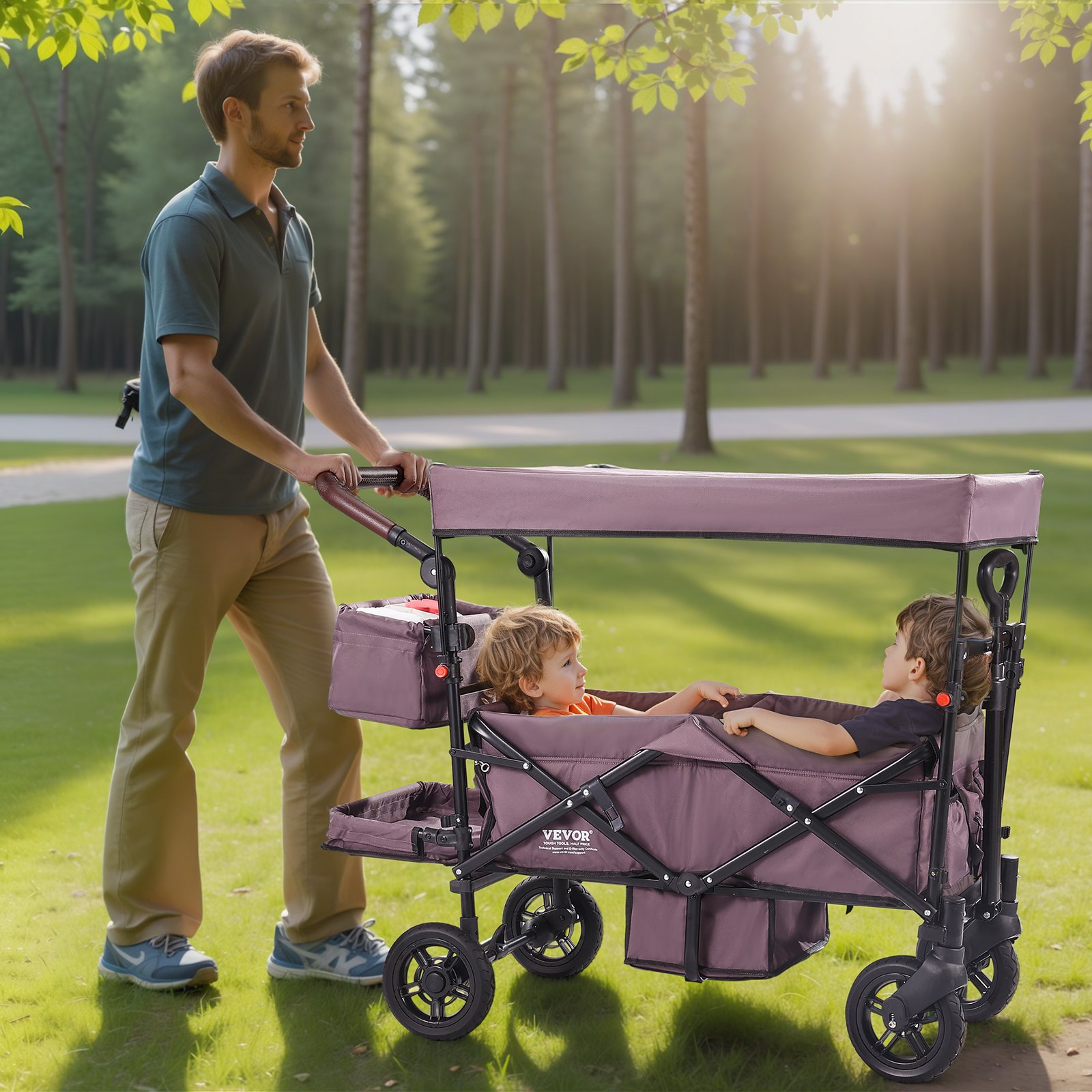 Wagon Stroller For 2 Kids, Push Pull Quad Collapsible Stroller With Adjustable Handle, Encircling Harness Removable Canopy,4 Wheels W/ Brakes,Mutifunction Tandem Stroller For Camping Dark Purple photo 6