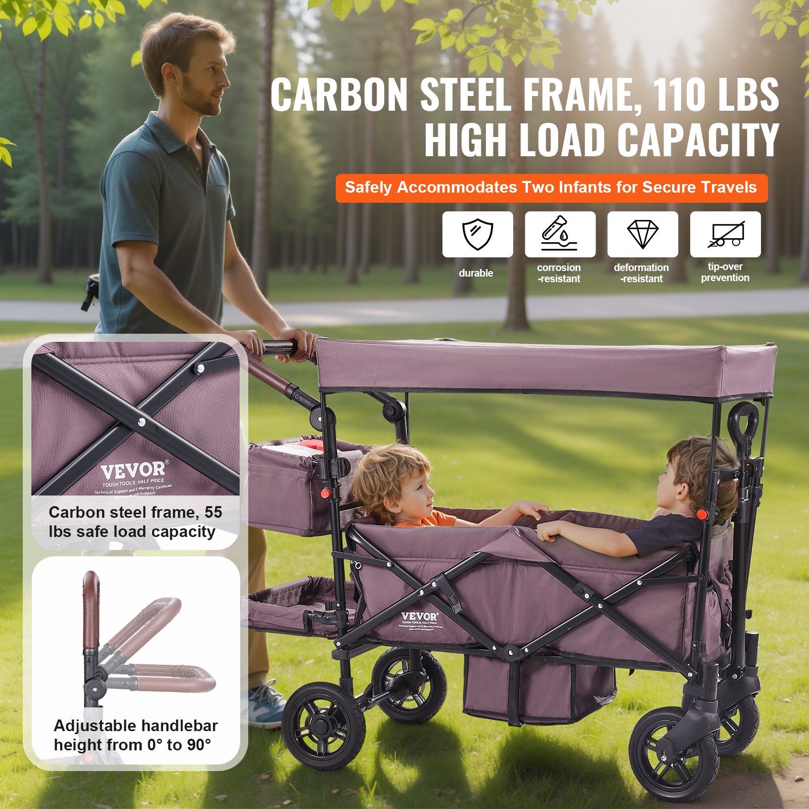 Wagon Stroller For 2 Kids, Push Pull Quad Collapsible Stroller With Adjustable Handle, Encircling Harness Removable Canopy,4 Wheels W/ Brakes,Mutifunction Tandem Stroller For Camping Dark Purple photo 5