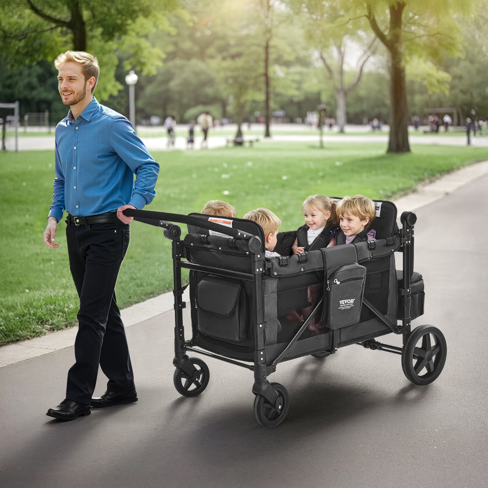 Wagon Stroller For 4 Kids Push Pull Quad Collapsible Stroller For Camping 330LBS photo 6