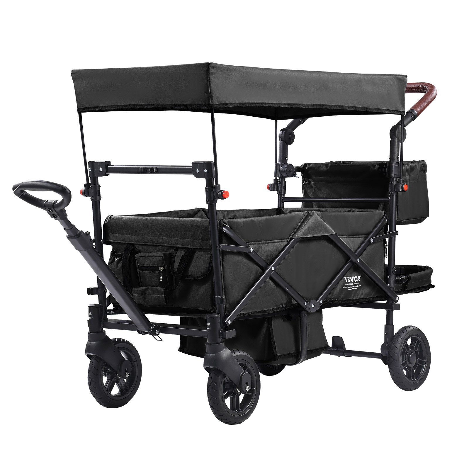 Wagon Stroller For 2 Kids, Push Pull Quad Collapsible Stroller With Adjustable Handle, Encircling Harness Removable Canopy, 4 Wheels With Brakes, Mutifunction Tandem Stroller For Camping Black photo 1