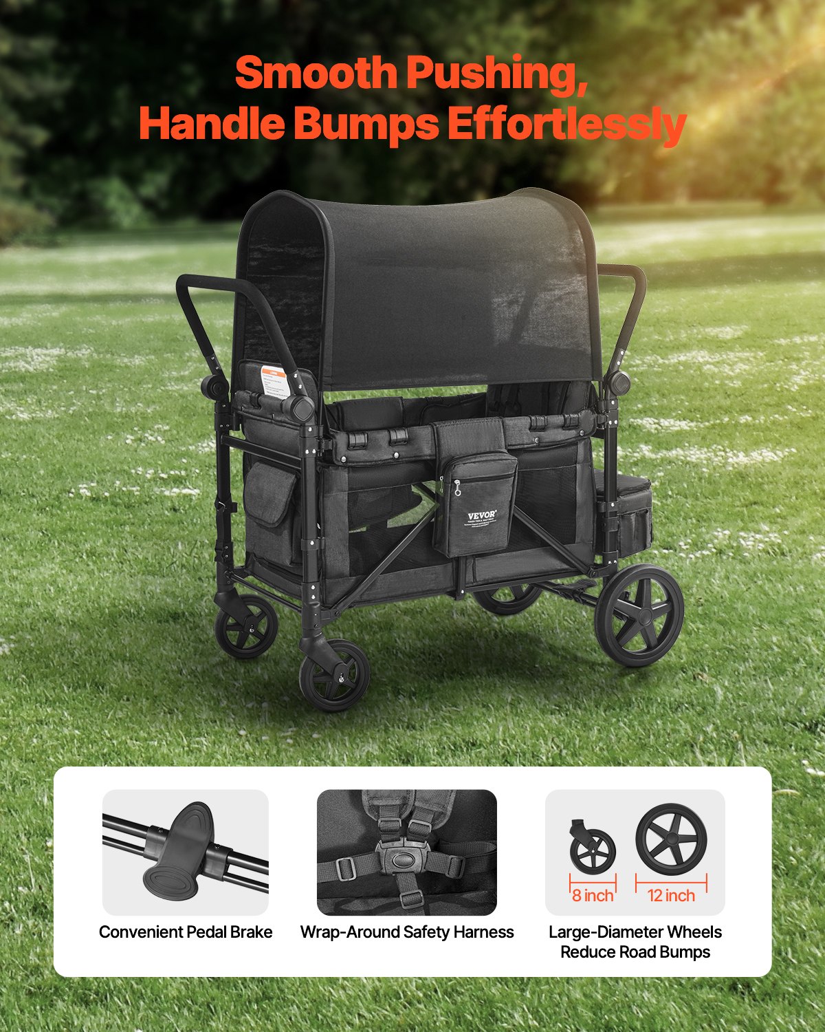 Wagon Stroller For 4 Kids Push Pull Quad Collapsible Stroller For Camping 330LBS photo 5
