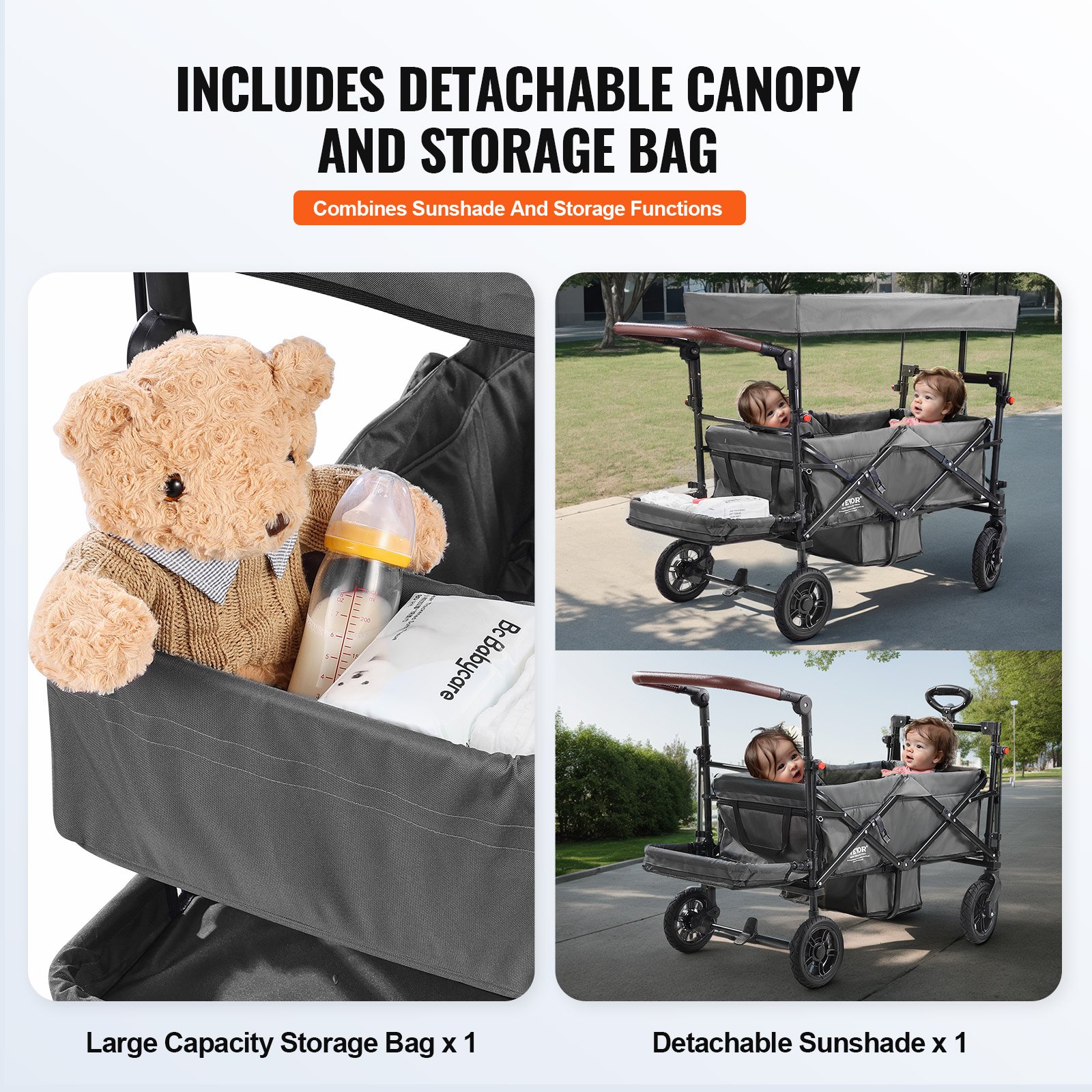 Wagon Stroller For 2 Kids, Push Pull Quad Collapsible Stroller With Adjustable Handle, Encircling Harness Removable Canopy, 4 Wheels W/ Brakes, Mutifunction Tandem Stroller For Camping Dark Grey photo 4