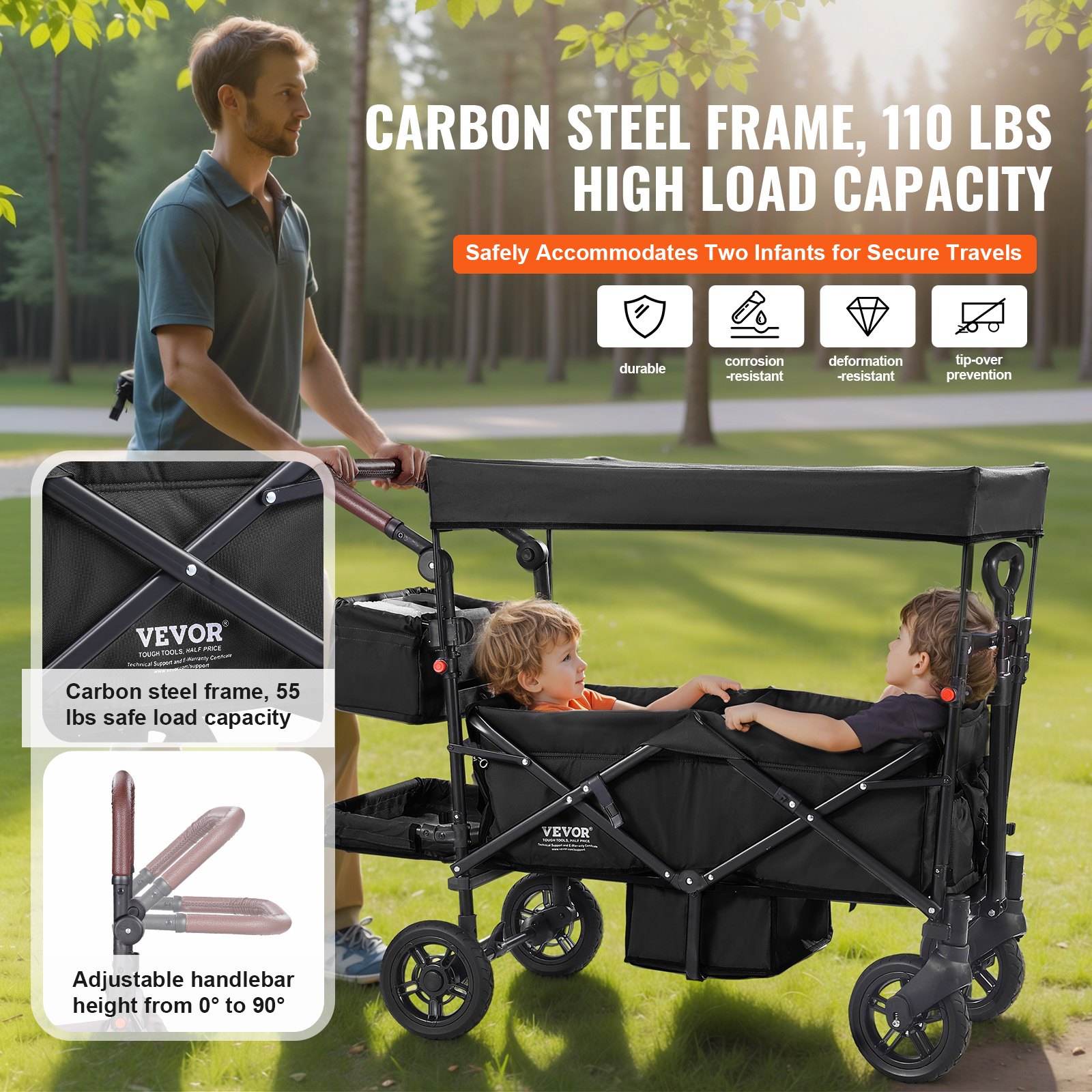 Wagon Stroller For 2 Kids, Push Pull Quad Collapsible Stroller With Adjustable Handle, Encircling Harness Removable Canopy, 4 Wheels With Brakes, Mutifunction Tandem Stroller For Camping Black photo 4
