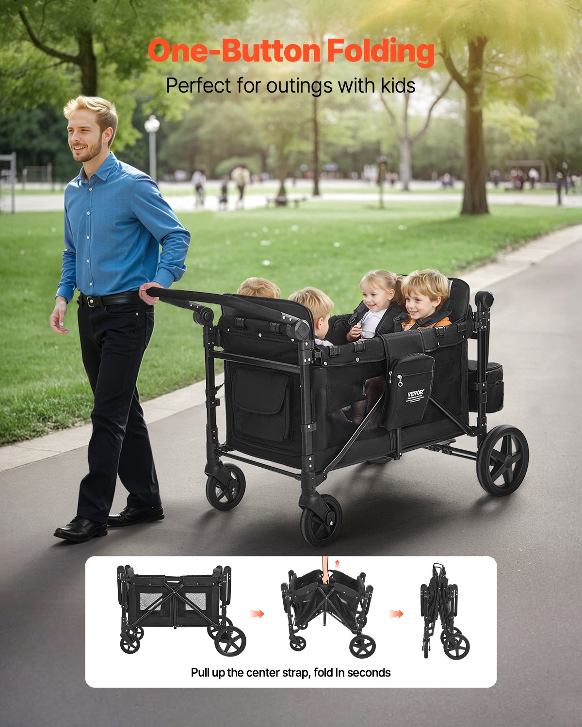 Wagon Stroller For 4 Kids Push Pull Quad Collapsible Stroller 330LBS Loading photo 4