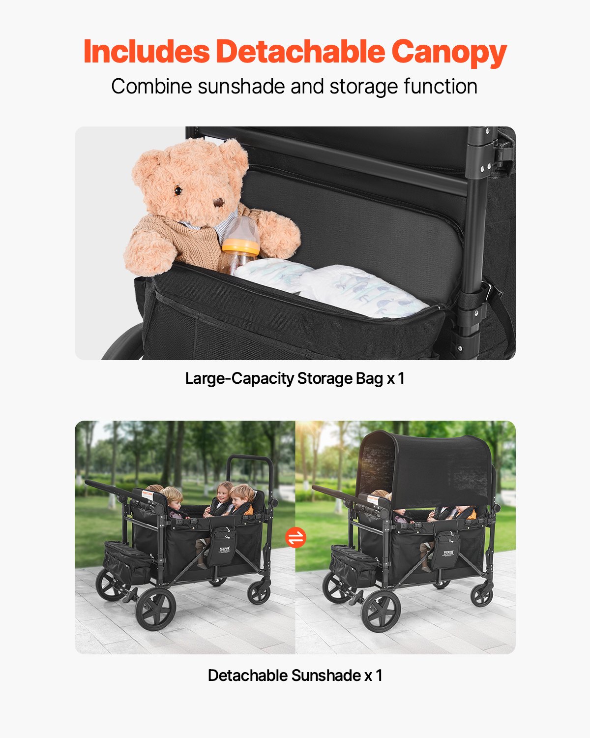 Wagon Stroller For 4 Kids Push Pull Quad Collapsible Stroller 330LBS Loading photo 2