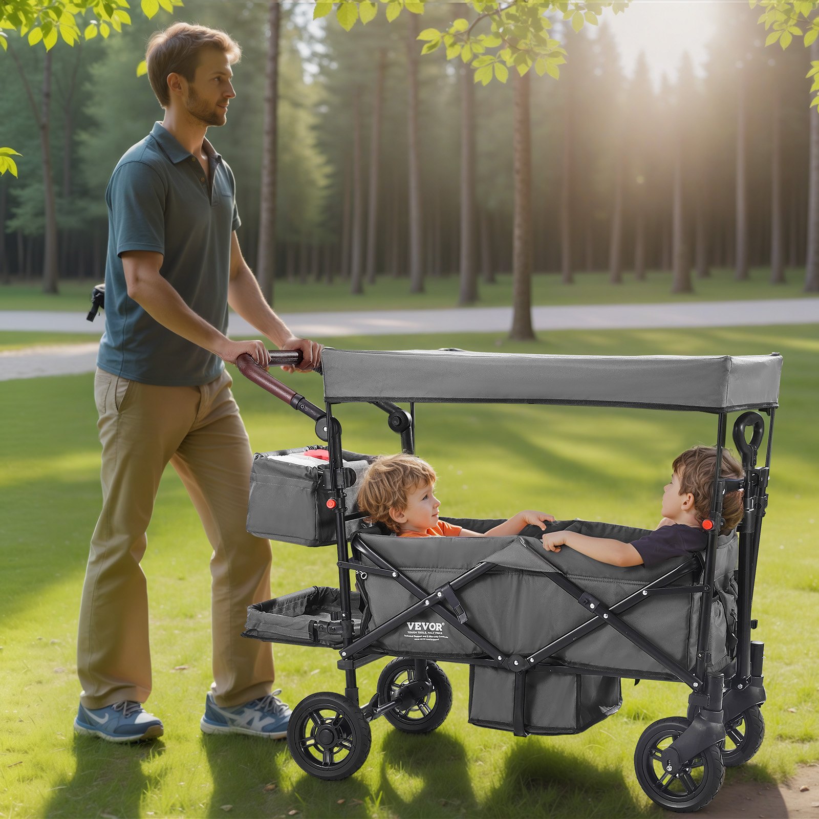 Wagon Stroller For 2 Kids, Push Pull Quad Collapsible Stroller With Adjustable Handle, Encircling Harness Removable Canopy, 4 Wheels W/ Brakes, Mutifunction Tandem Stroller For Camping Dark Grey photo 6