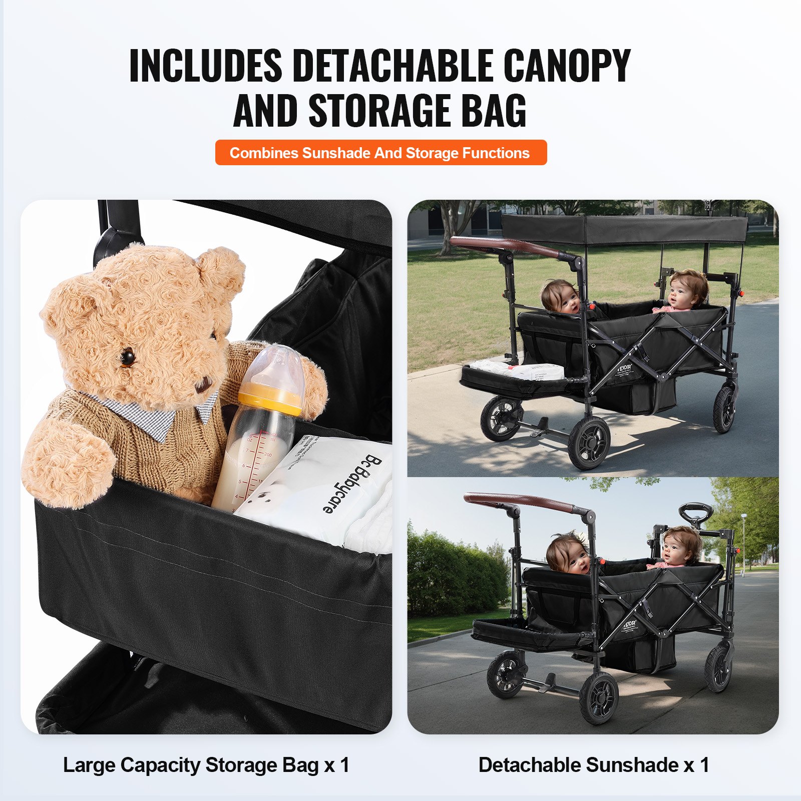 Wagon Stroller For 2 Kids, Push Pull Quad Collapsible Stroller With Adjustable Handle, Encircling Harness Removable Canopy, 4 Wheels With Brakes, Mutifunction Tandem Stroller For Camping Black photo 5