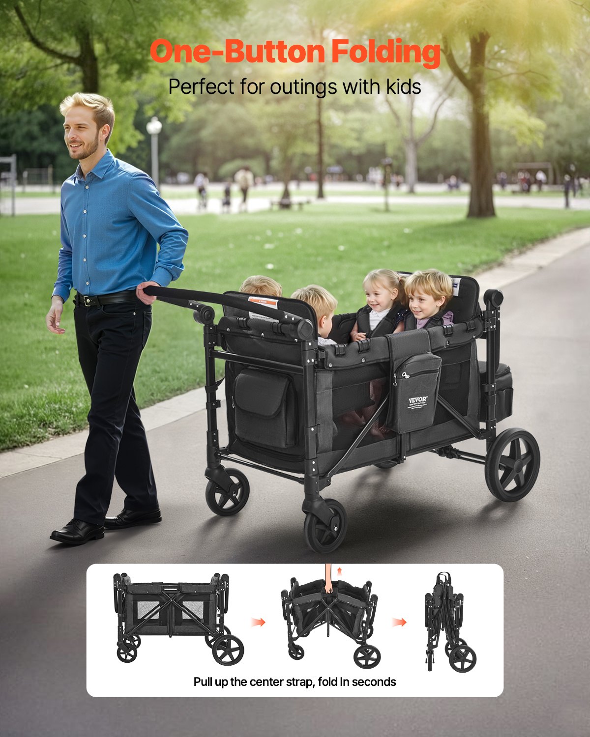 Wagon Stroller For 4 Kids Push Pull Quad Collapsible Stroller For Camping 330LBS photo 3