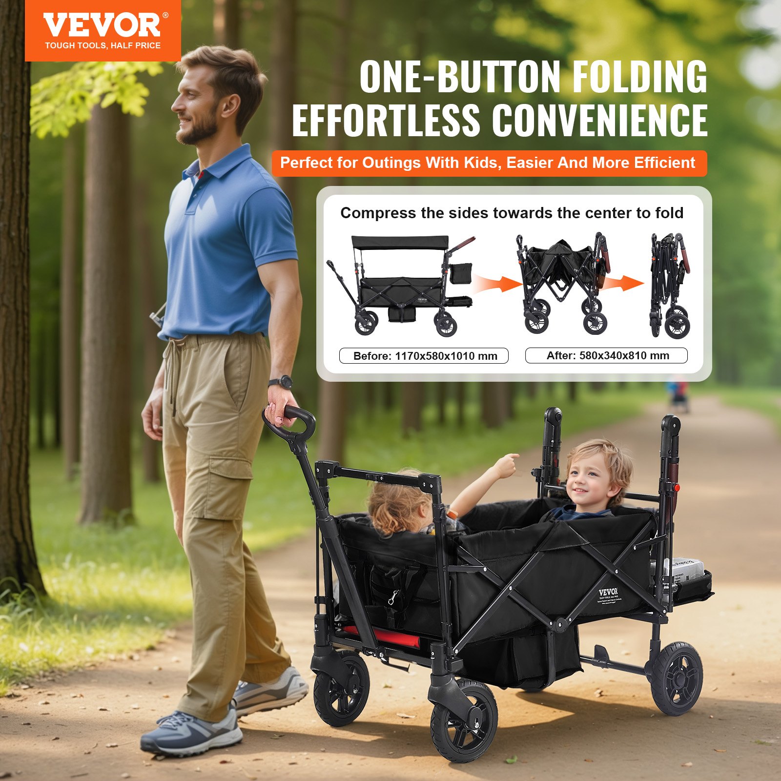 Wagon Stroller For 2 Kids, Push Pull Quad Collapsible Stroller With Adjustable Handle, Encircling Harness Removable Canopy, 4 Wheels With Brakes, Mutifunction Tandem Stroller For Camping Black photo 3