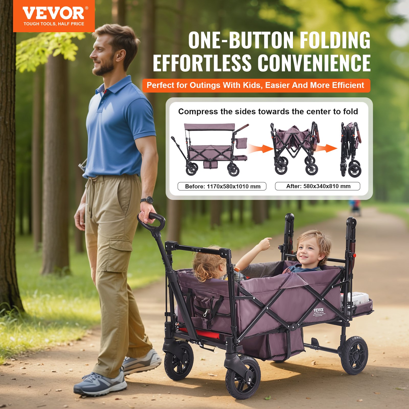 Wagon Stroller For 2 Kids, Push Pull Quad Collapsible Stroller With Adjustable Handle, Encircling Harness Removable Canopy,4 Wheels W/ Brakes,Mutifunction Tandem Stroller For Camping Dark Purple photo 2