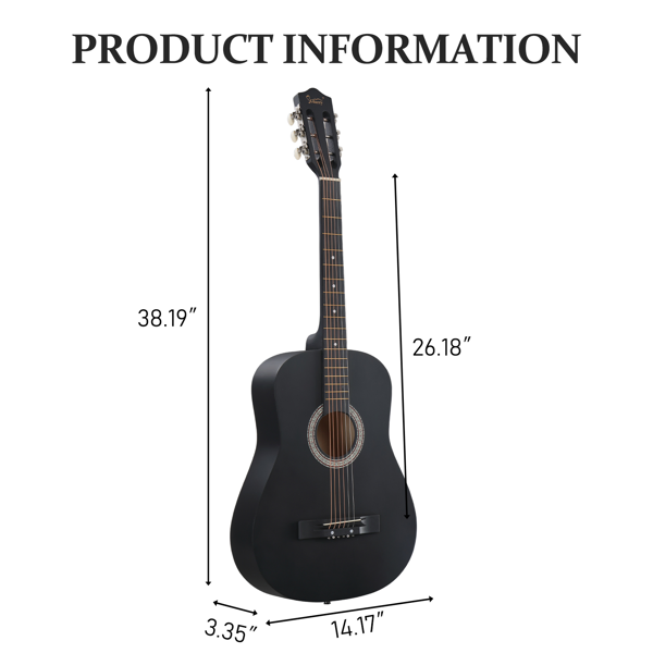 Matte Black 38-inch Round Acoustic Guitar With Picks, Strings, Capo, Case, Tuner, And Strap photo 3