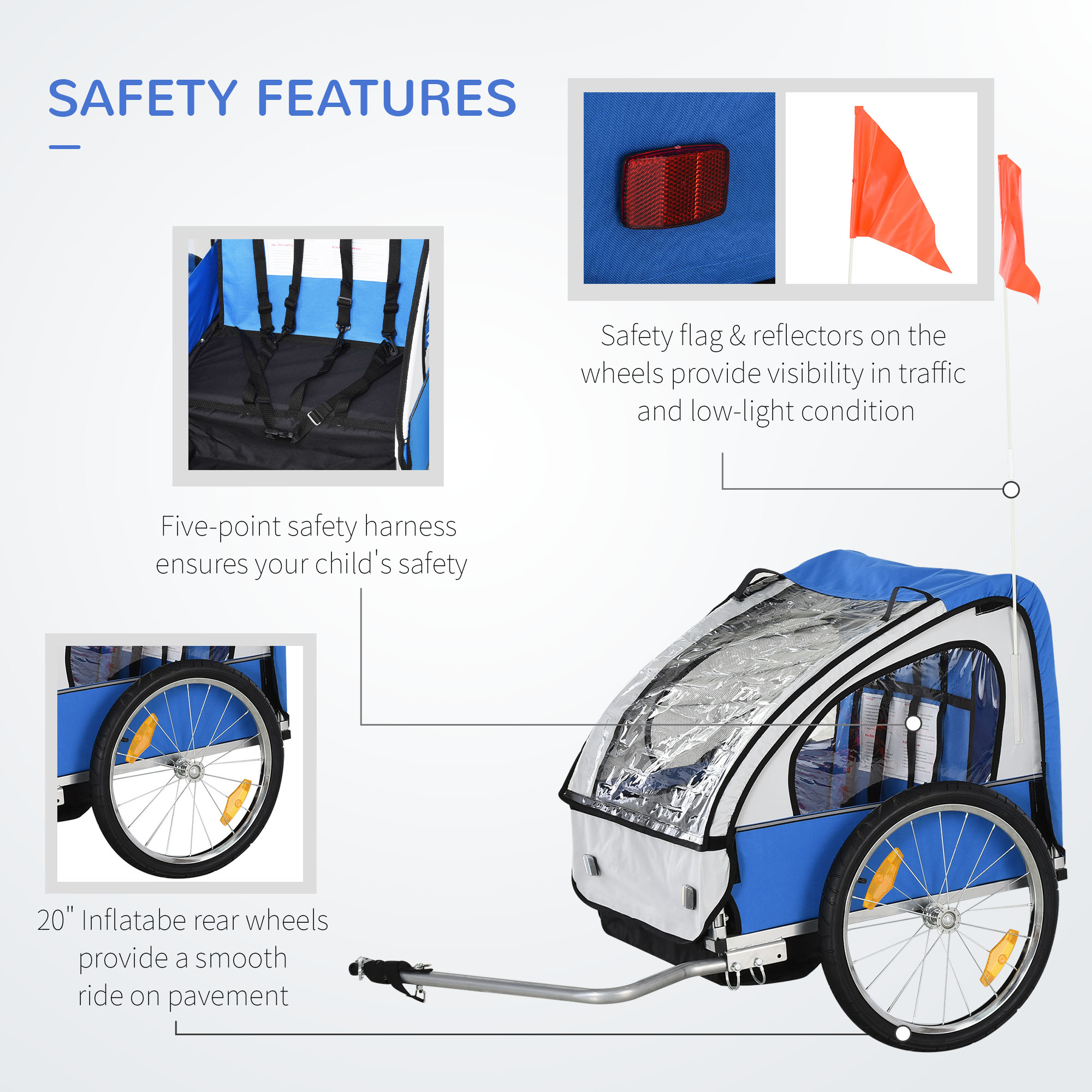 2-Seat Child Bike Trailer for Kids with a Strong Steel Frame, 5-Point Safety Harnesses, & Comfortable Seat, Blue photo 3