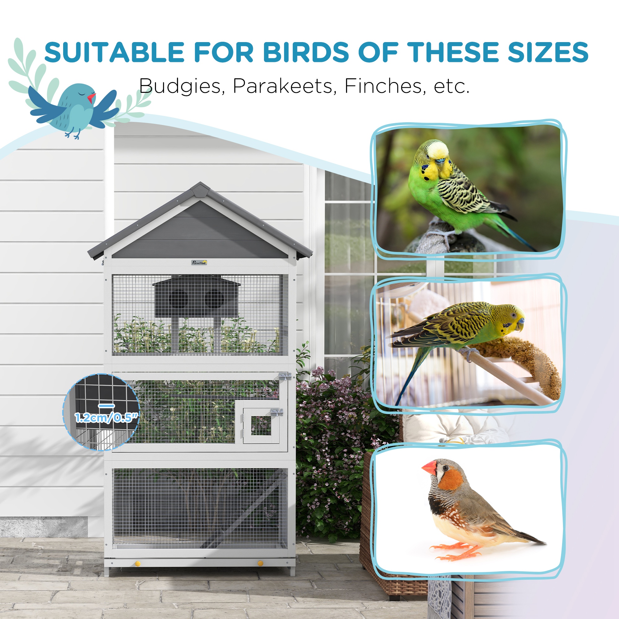Wooden Bird Aviary with Slide-Out Tray, Birdhouse, Ladder, Perches for Finches, Parakeets, Gray photo 7