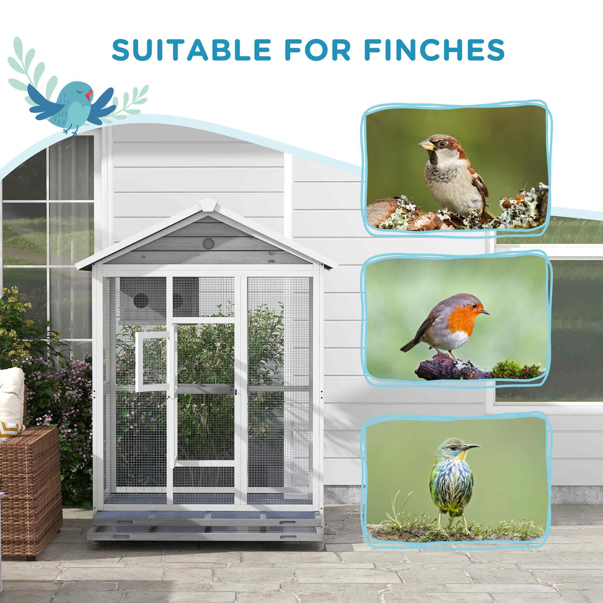 64.5" Wooden Bird Cage Aviary, Flight Cage with 4 Perches, Nest and Slide-Out Tray for Indoor/Outdoor, Gray photo 2
