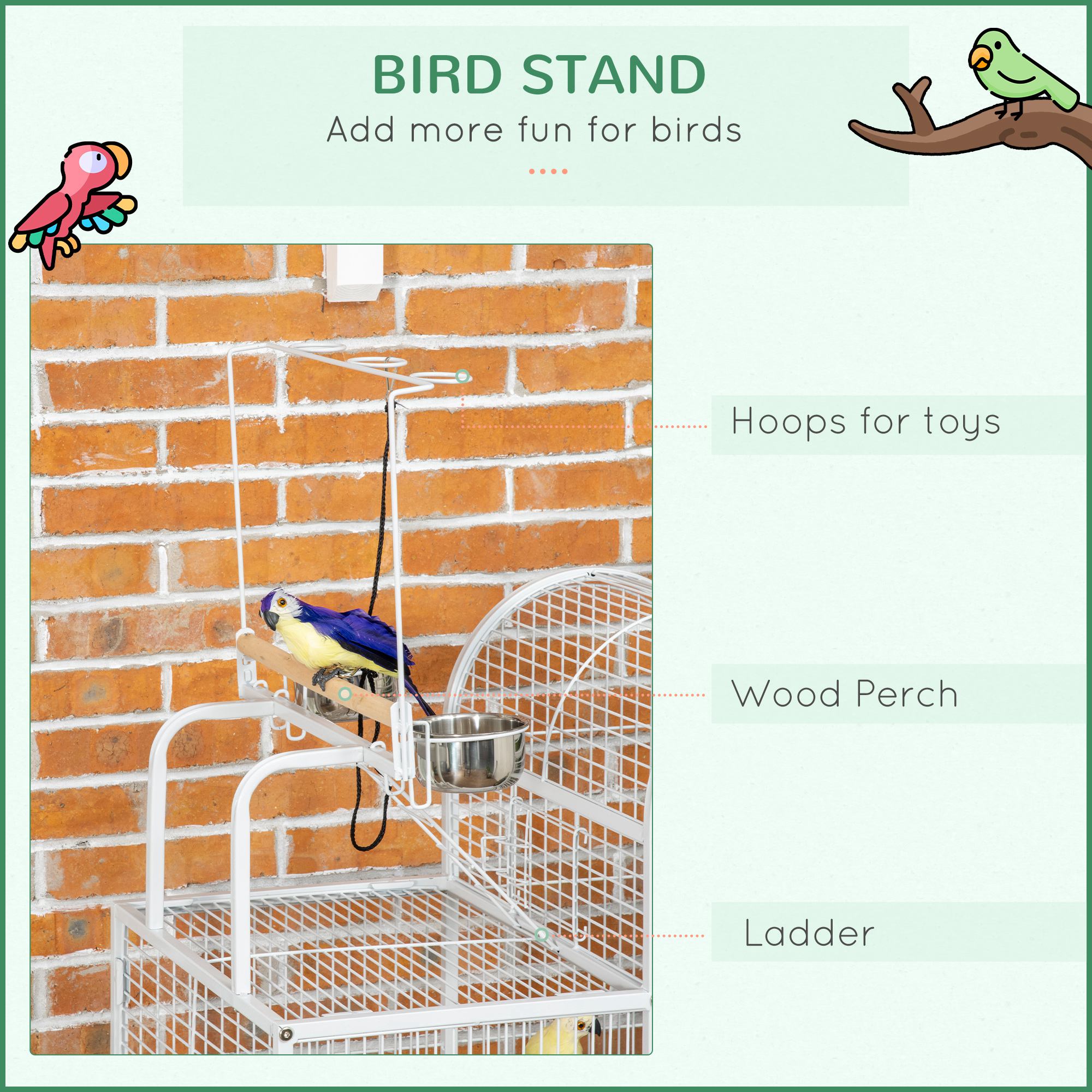 55" Large Parrot Cage with Toy Hooks Above Top Bird Perch, Tray, Food Cups, Rolling Stand, Bird Cage for Cockatiels, Parakeets, Lovebirds photo 5