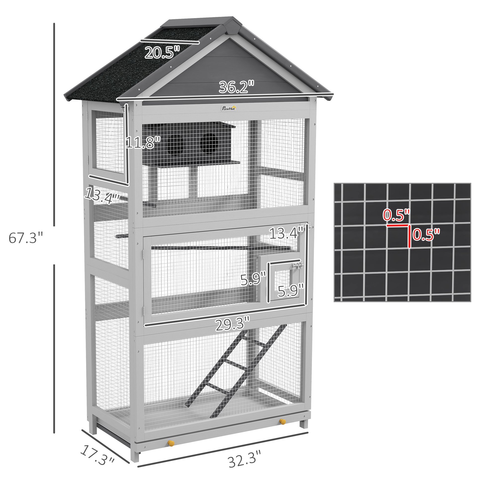 Wooden Bird Aviary with Slide-Out Tray, Birdhouse, Ladder, Perches for Finches, Parakeets, Gray photo 5