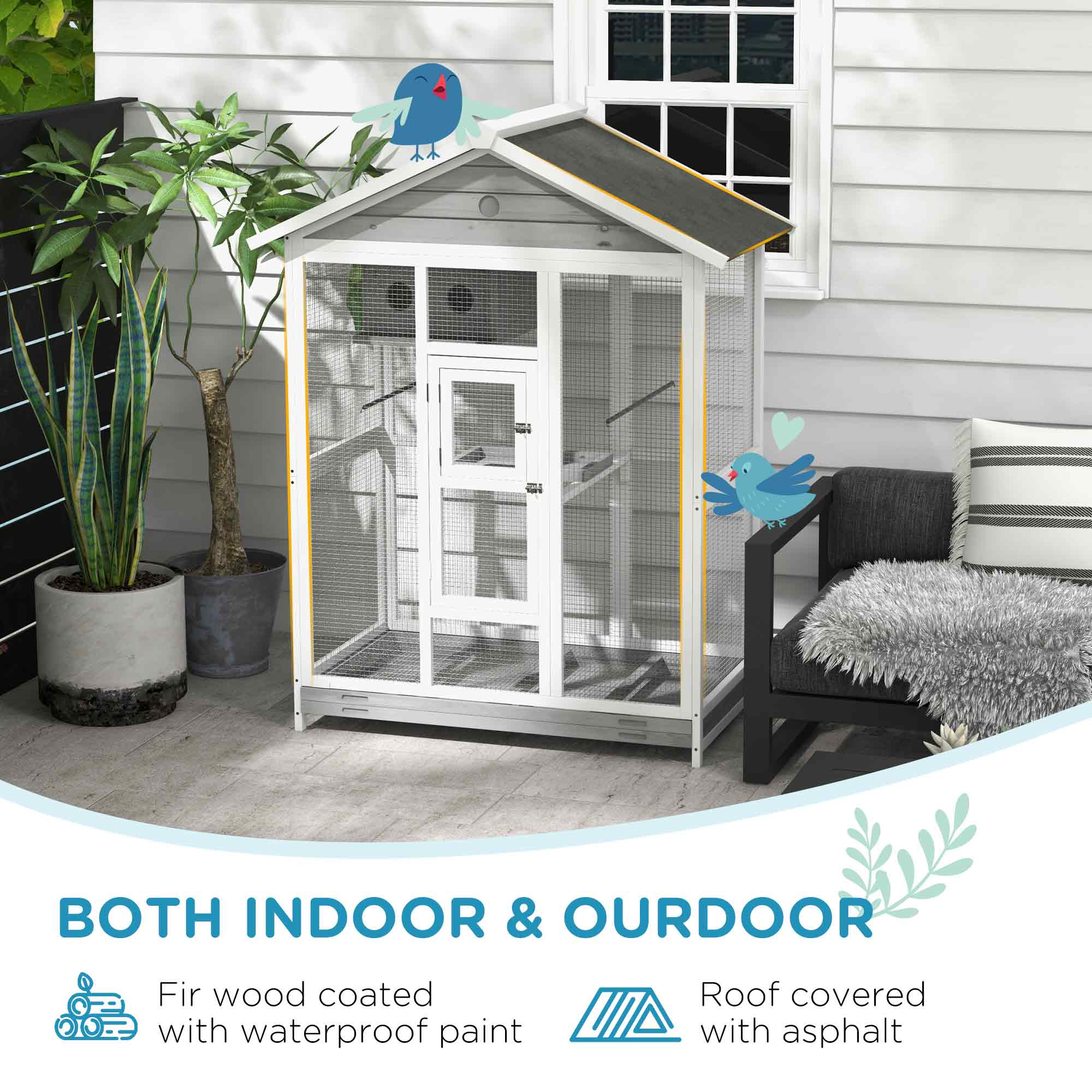 64.5" Wooden Bird Cage Aviary, Flight Cage with 4 Perches, Nest and Slide-Out Tray for Indoor/Outdoor, Gray photo 8