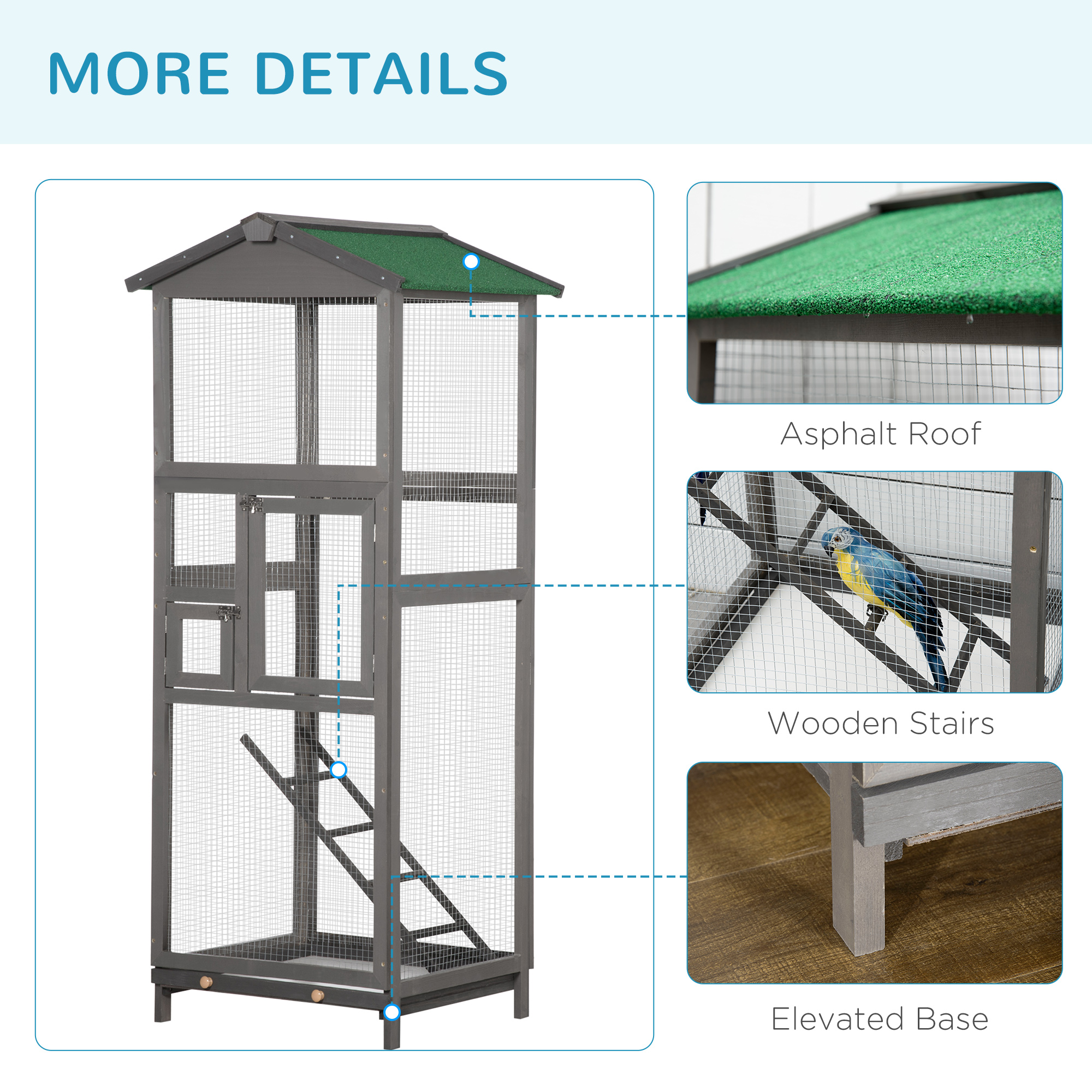 65" Wooden Bird Cage Outdoor Aviary House for Parrot, Parakeet, with Pull Out Tray and 2 Doors, Grey photo 5