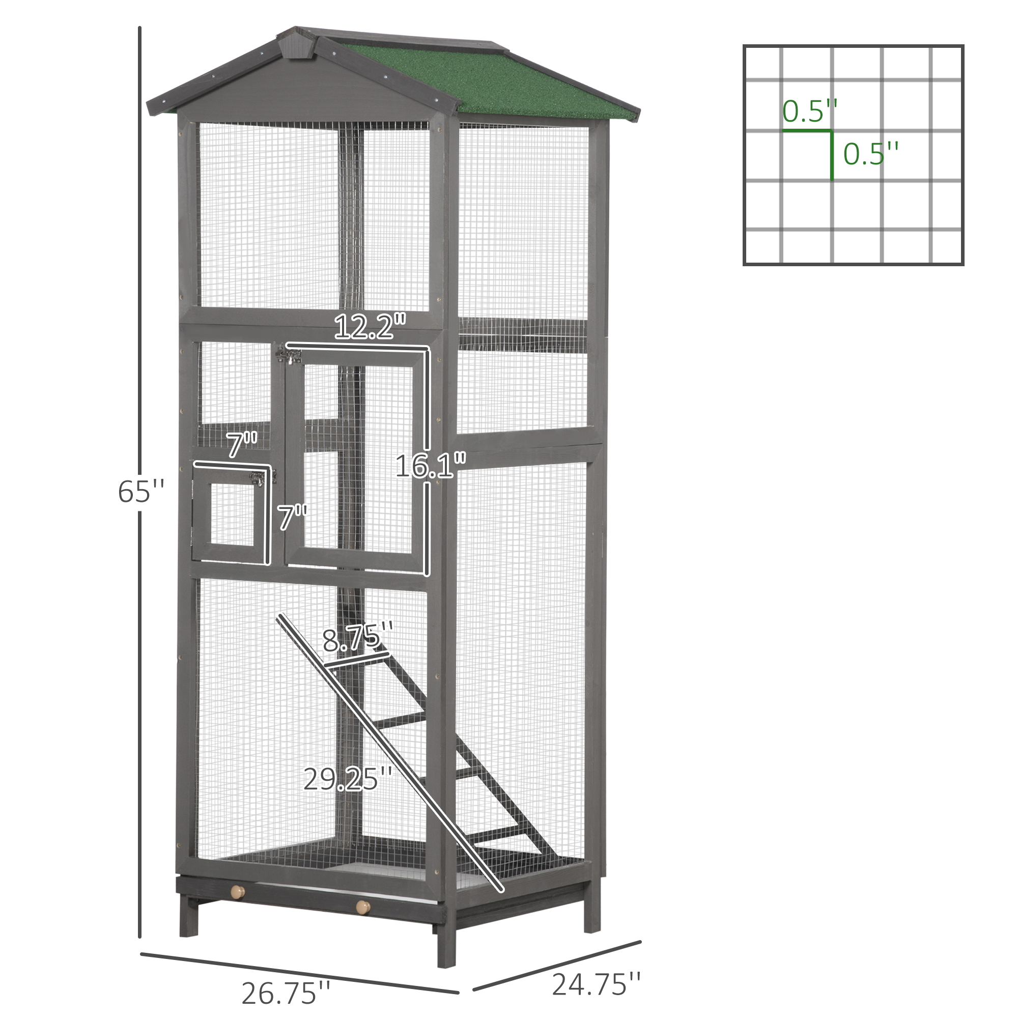 65" Wooden Bird Cage Outdoor Aviary House for Parrot, Parakeet, with Pull Out Tray and 2 Doors, Grey photo 2