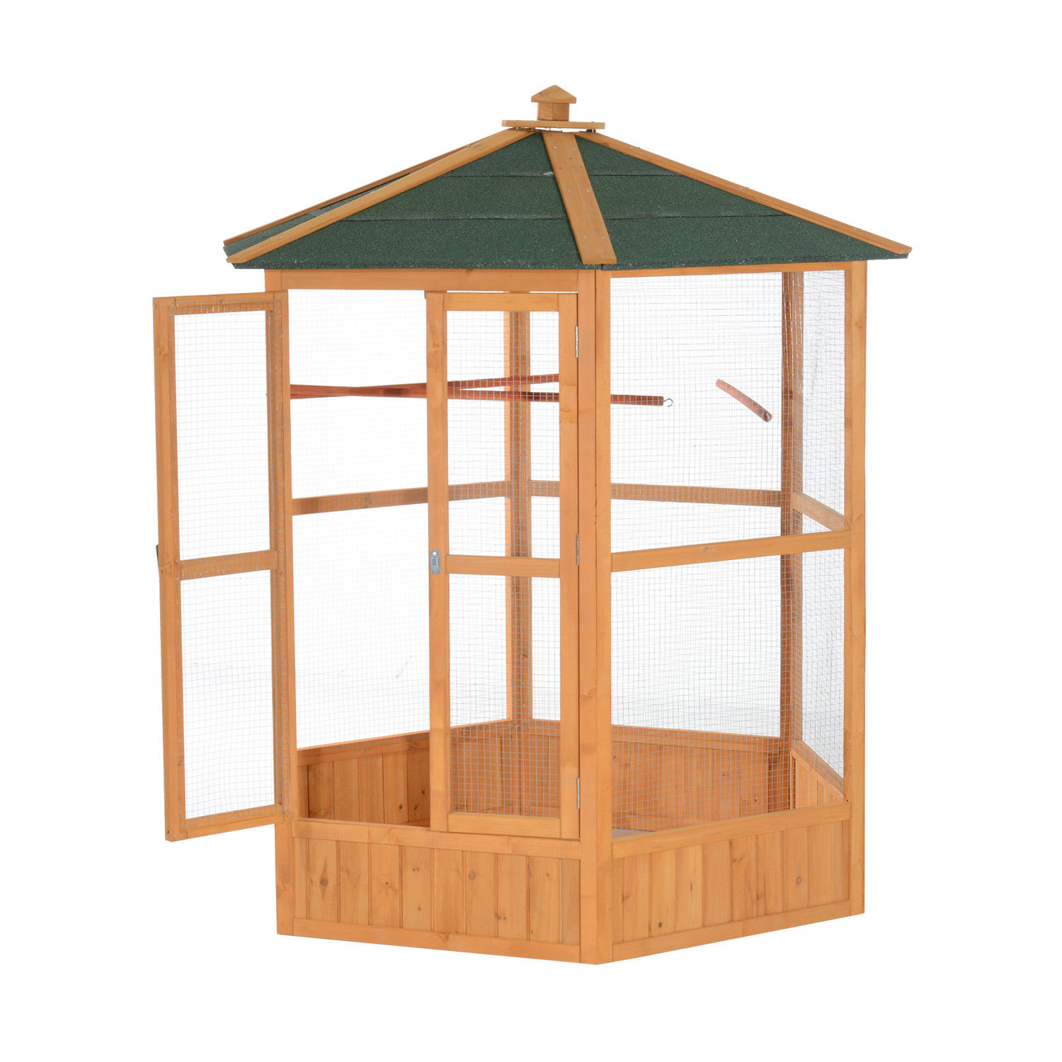 69" Wooden Hexagonal Outdoor Aviary Flight Bird Cage With Covered Roof, Brown photo 2