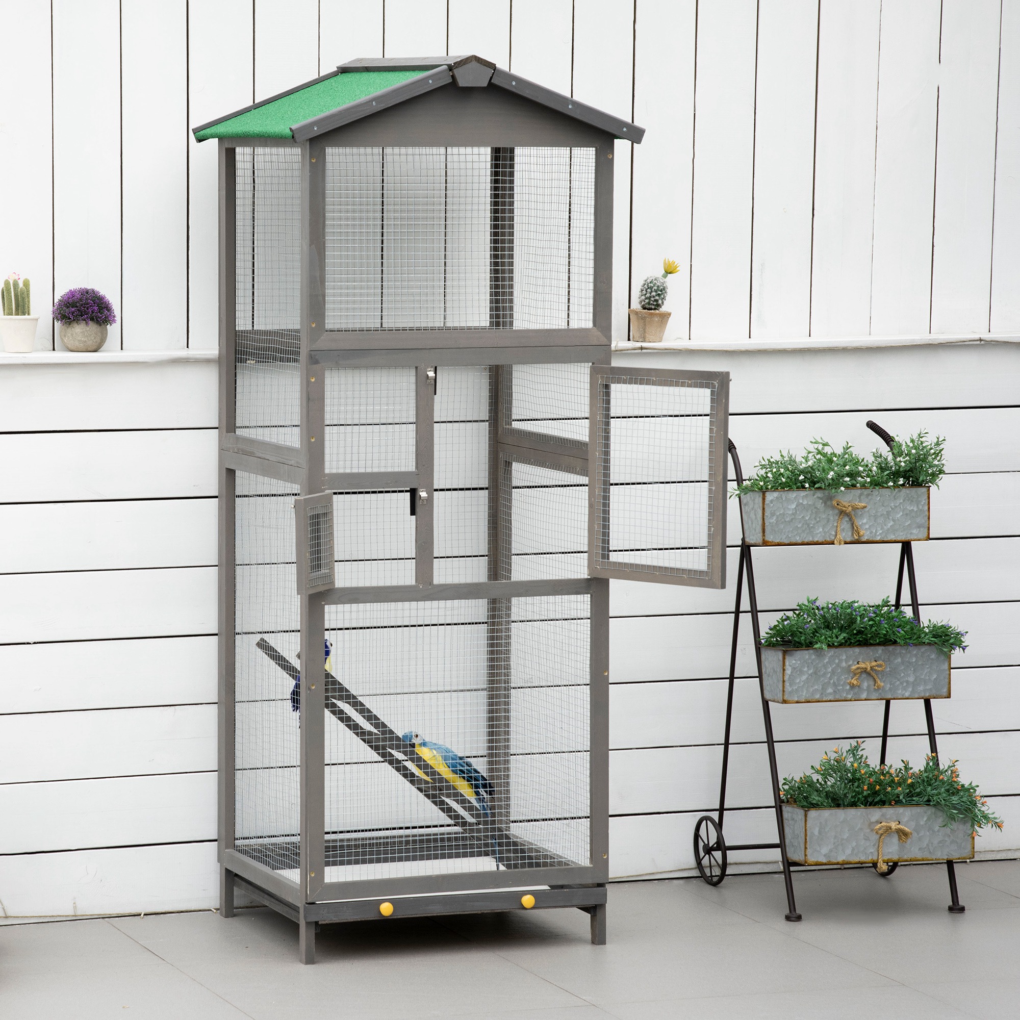 65" Wooden Bird Cage Outdoor Aviary House for Parrot, Parakeet, with Pull Out Tray and 2 Doors, Grey photo 4