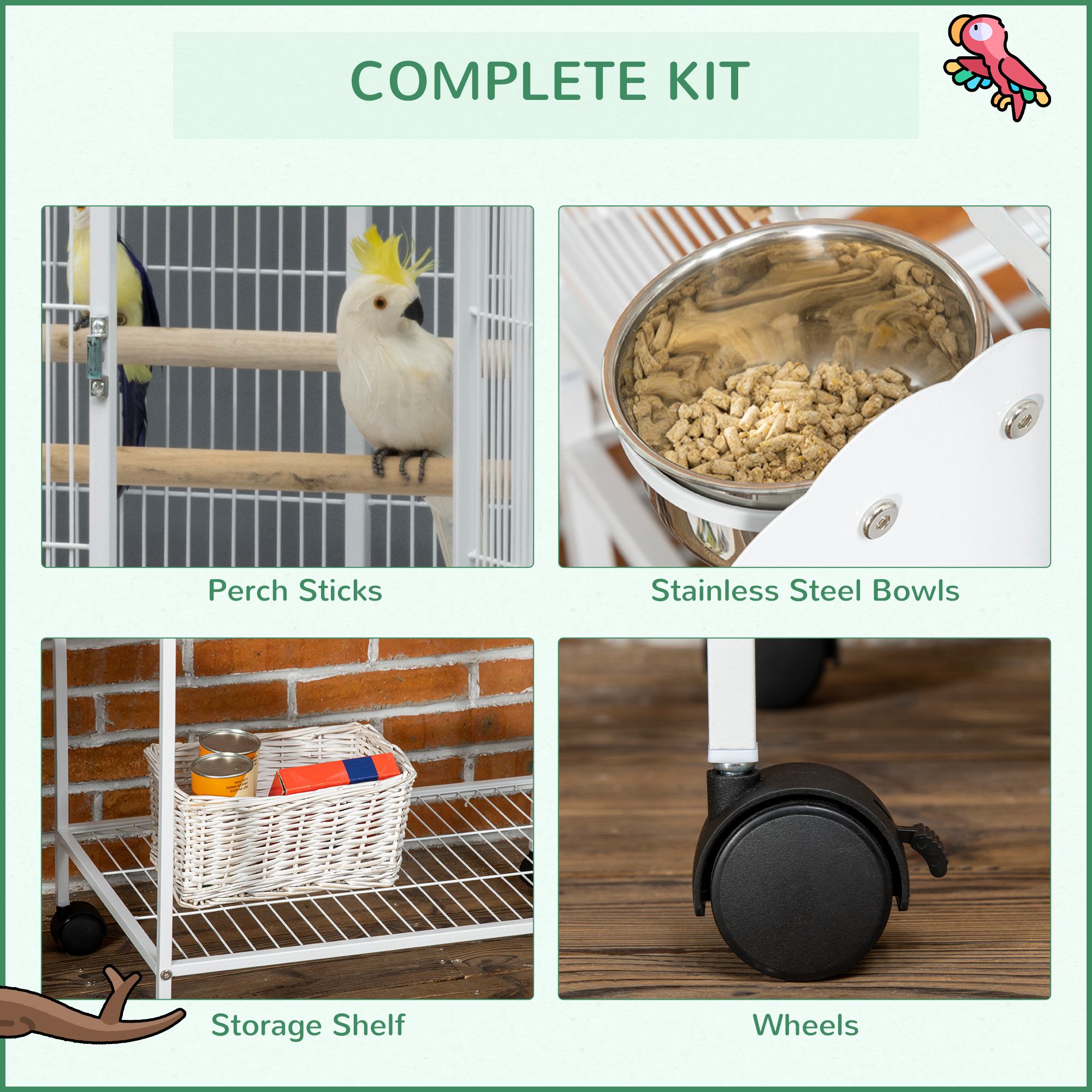 55" Large Parrot Cage with Toy Hooks Above Top Bird Perch, Tray, Food Cups, Rolling Stand, Bird Cage for Cockatiels, Parakeets, Lovebirds photo 6