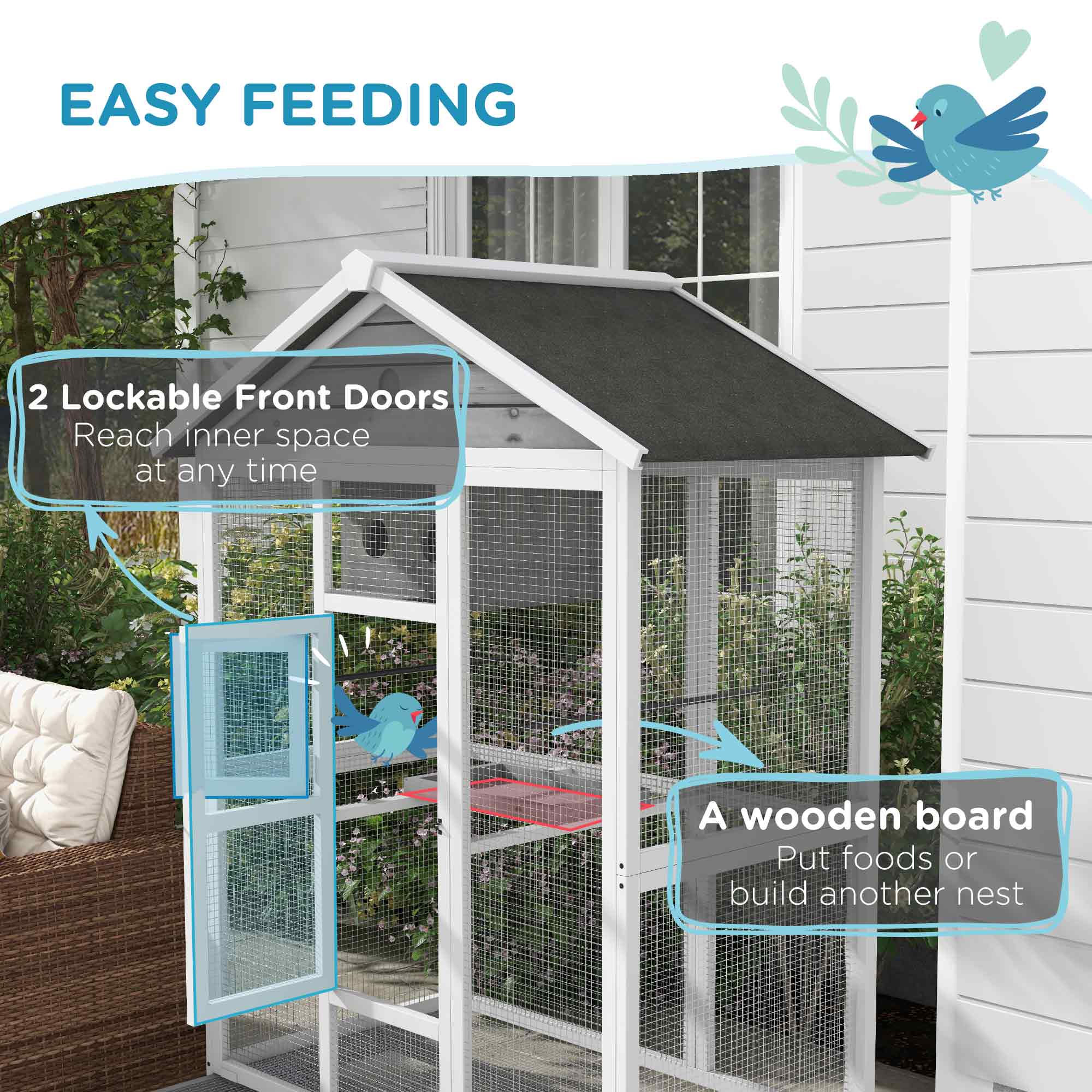 64.5" Wooden Bird Cage Aviary, Flight Cage with 4 Perches, Nest and Slide-Out Tray for Indoor/Outdoor, Gray photo 4