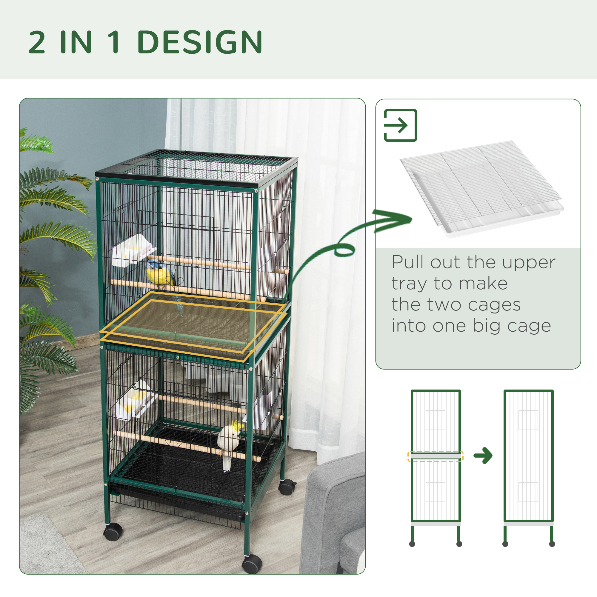 Large Bird Cage with 1.7 ft. Width for Wingspan, Bird Aviary Indoor with Multi-Door Design, Fit for a Canary, Finch, Conure, 55", Green photo 3