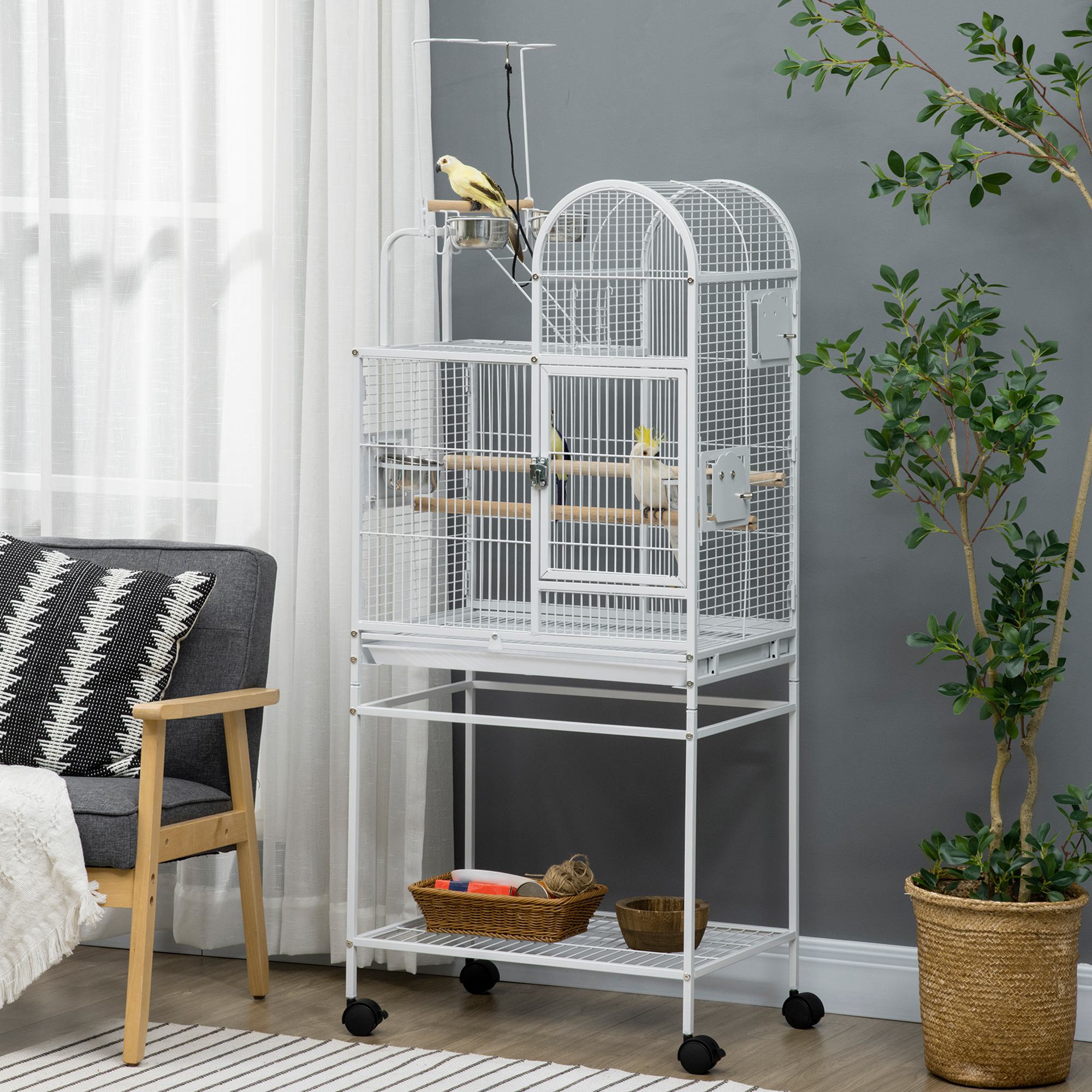 55" Large Parrot Cage with Toy Hooks Above Top Bird Perch, Tray, Food Cups, Rolling Stand, Bird Cage for Cockatiels, Parakeets, Lovebirds photo 1
