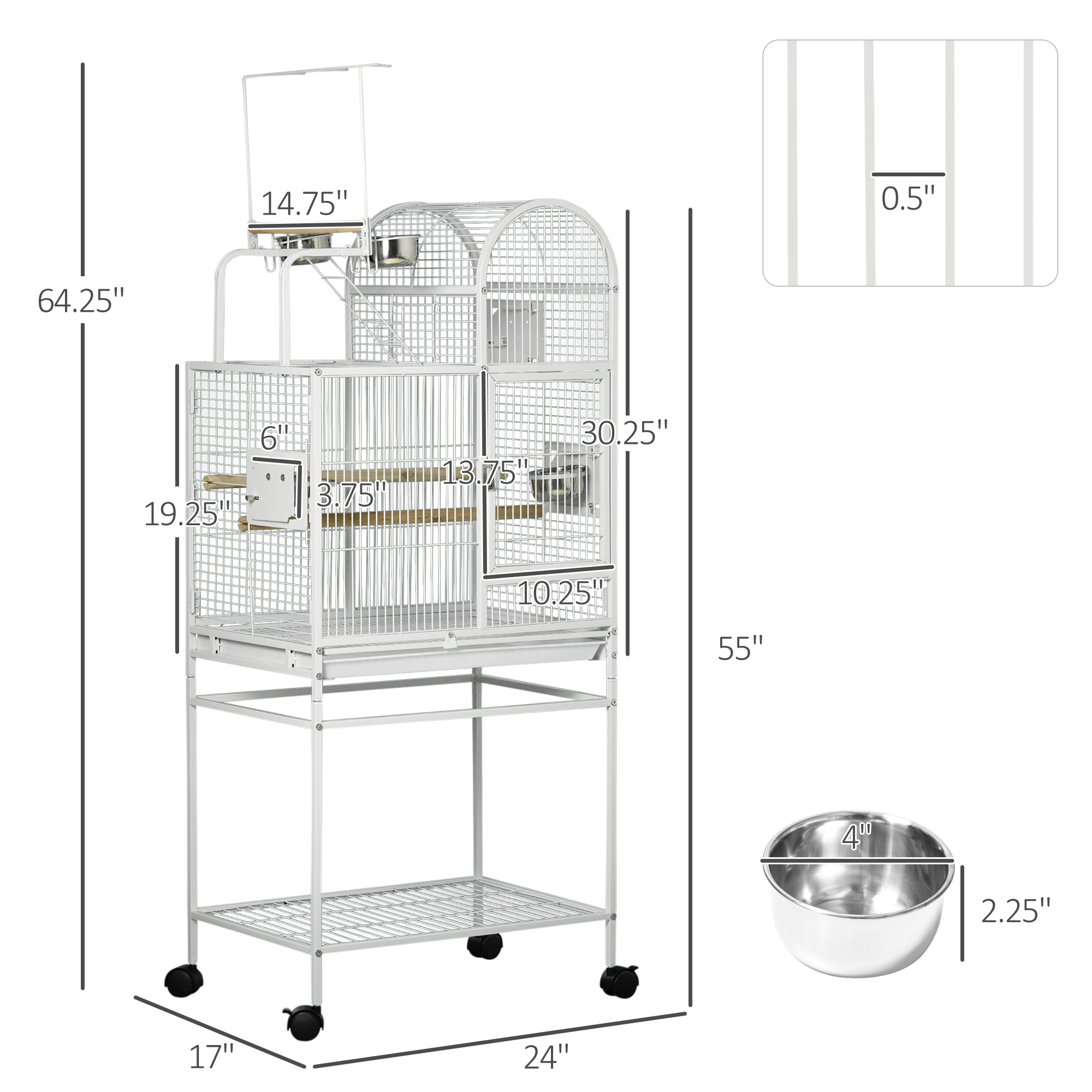 55" Large Parrot Cage with Toy Hooks Above Top Bird Perch, Tray, Food Cups, Rolling Stand, Bird Cage for Cockatiels, Parakeets, Lovebirds photo 3