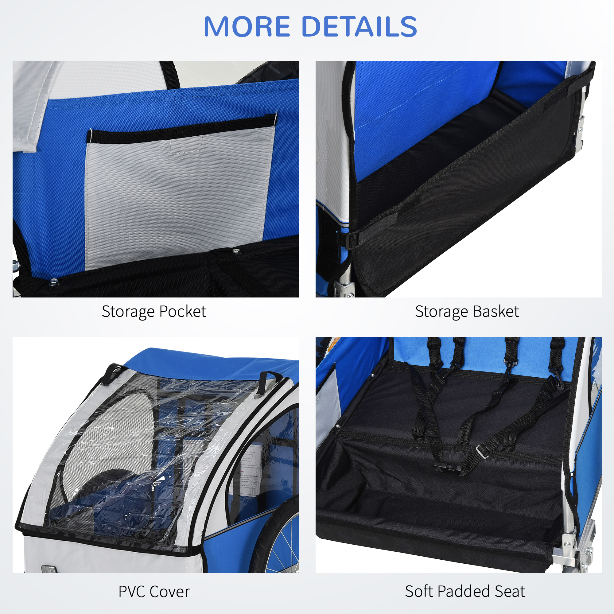 2-Seat Child Bike Trailer for Kids with a Strong Steel Frame, 5-Point Safety Harnesses, & Comfortable Seat, Blue photo 8