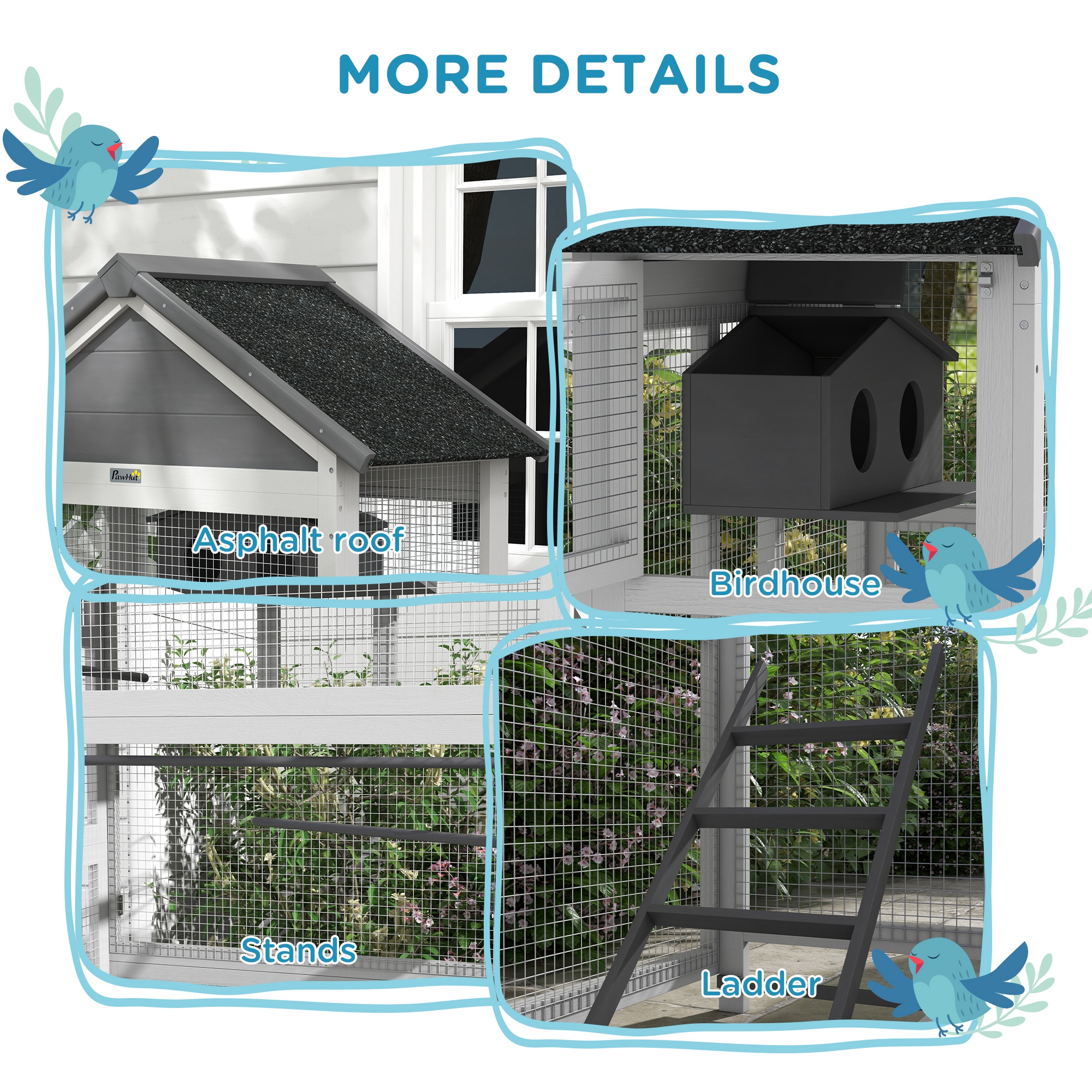 Wooden Bird Aviary with Slide-Out Tray, Birdhouse, Ladder, Perches for Finches, Parakeets, Gray photo 2