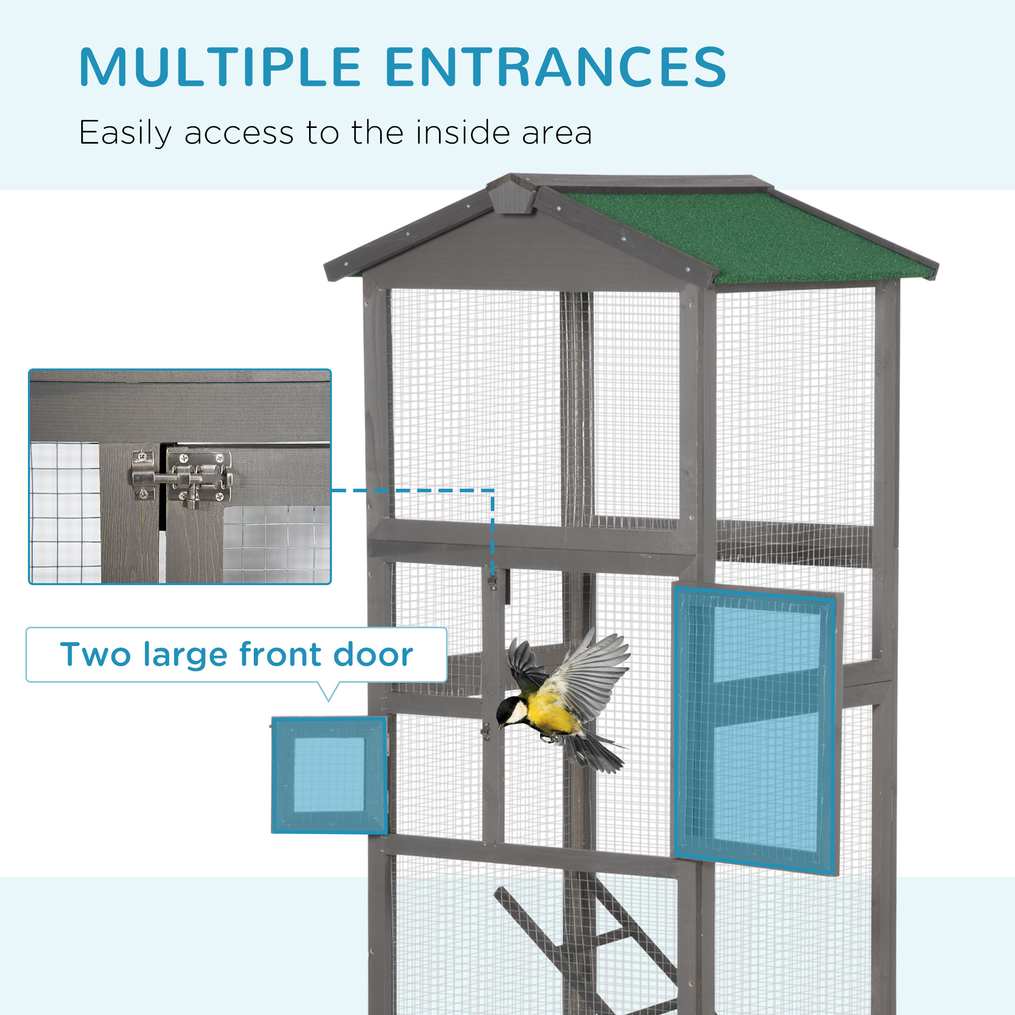 65" Wooden Bird Cage Outdoor Aviary House for Parrot, Parakeet, with Pull Out Tray and 2 Doors, Grey photo 3