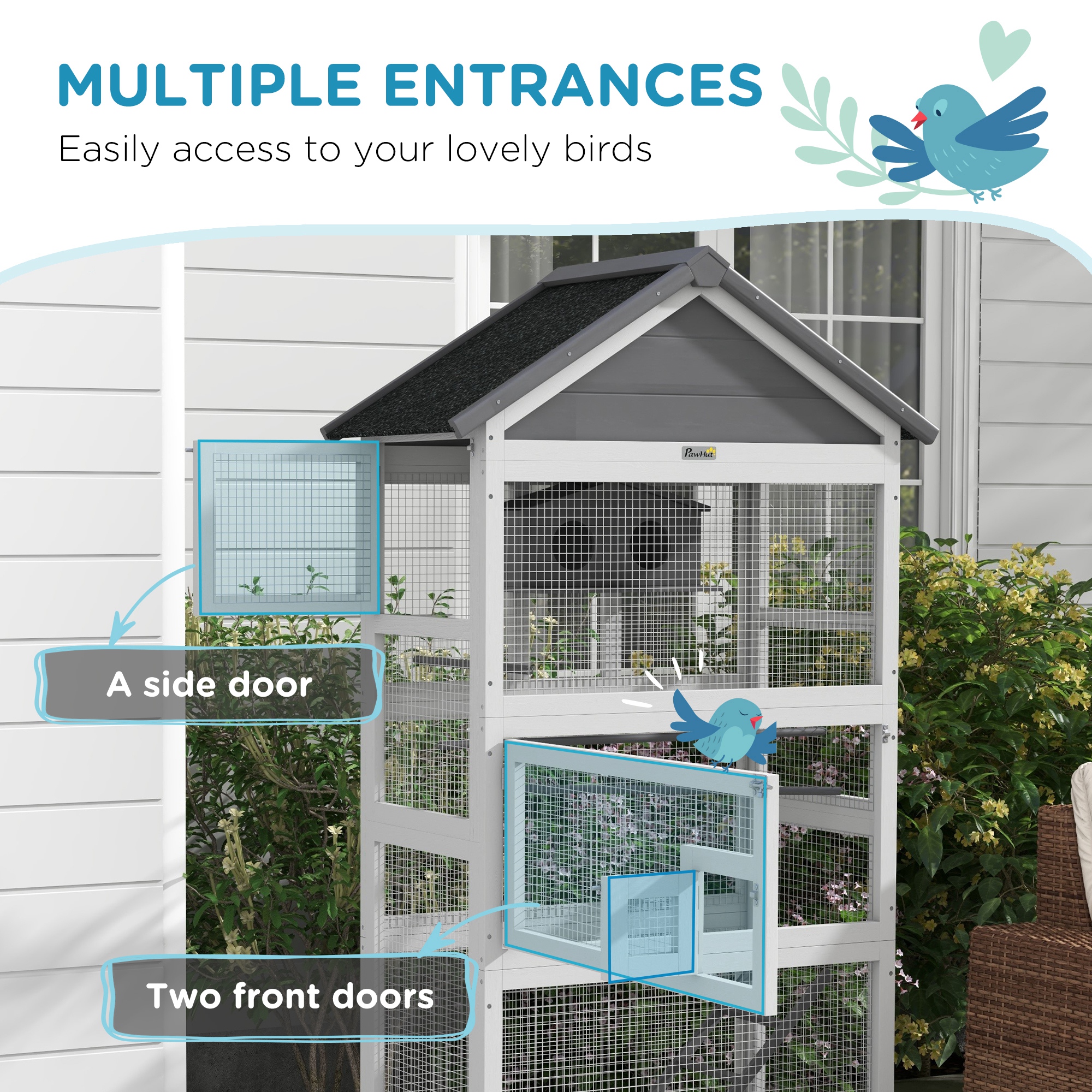 Wooden Bird Aviary with Slide-Out Tray, Birdhouse, Ladder, Perches for Finches, Parakeets, Gray photo 6