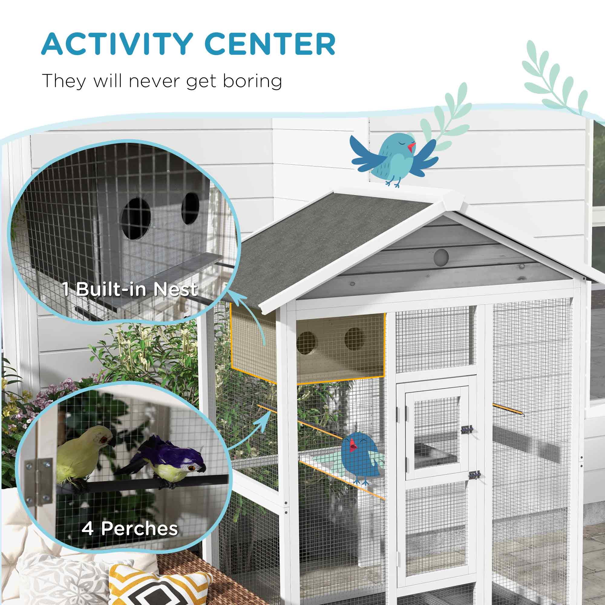 64.5" Wooden Bird Cage Aviary, Flight Cage with 4 Perches, Nest and Slide-Out Tray for Indoor/Outdoor, Gray photo 5