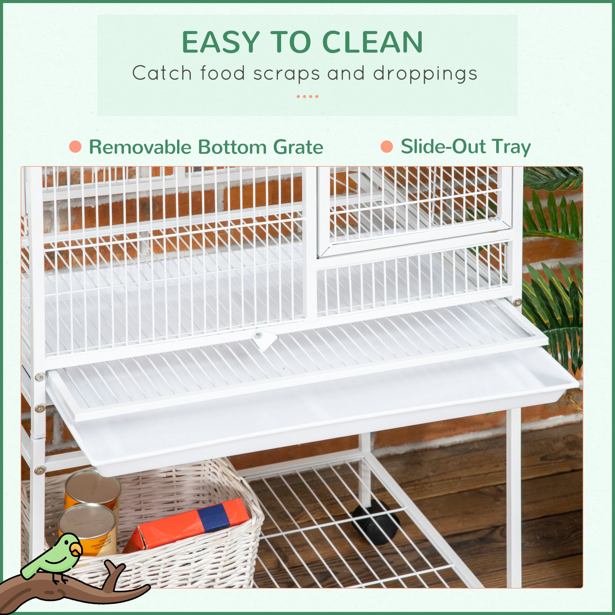 55" Large Parrot Cage with Toy Hooks Above Top Bird Perch, Tray, Food Cups, Rolling Stand, Bird Cage for Cockatiels, Parakeets, Lovebirds photo 8