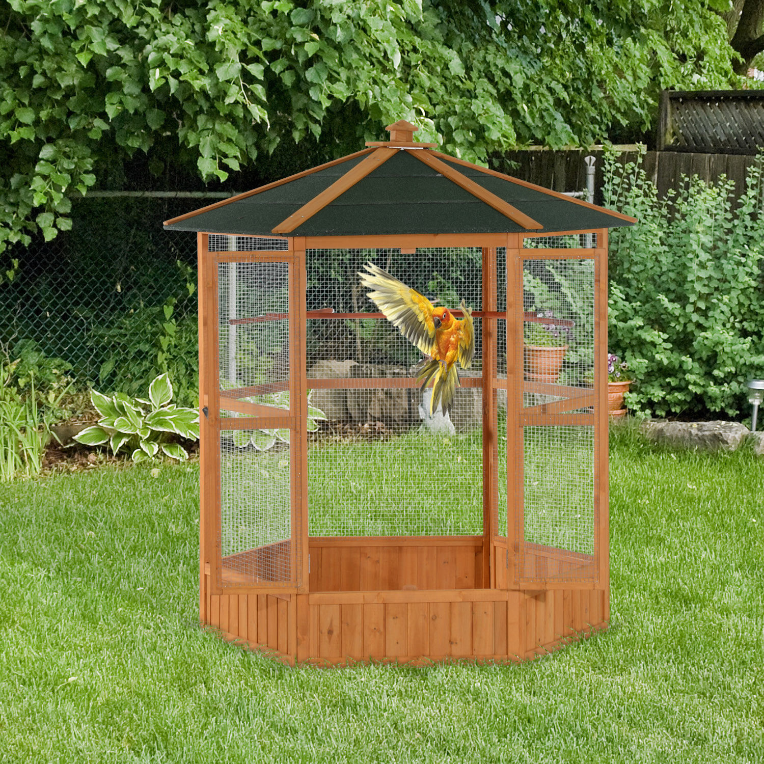 69" Wooden Hexagonal Outdoor Aviary Flight Bird Cage With Covered Roof, Brown photo 8