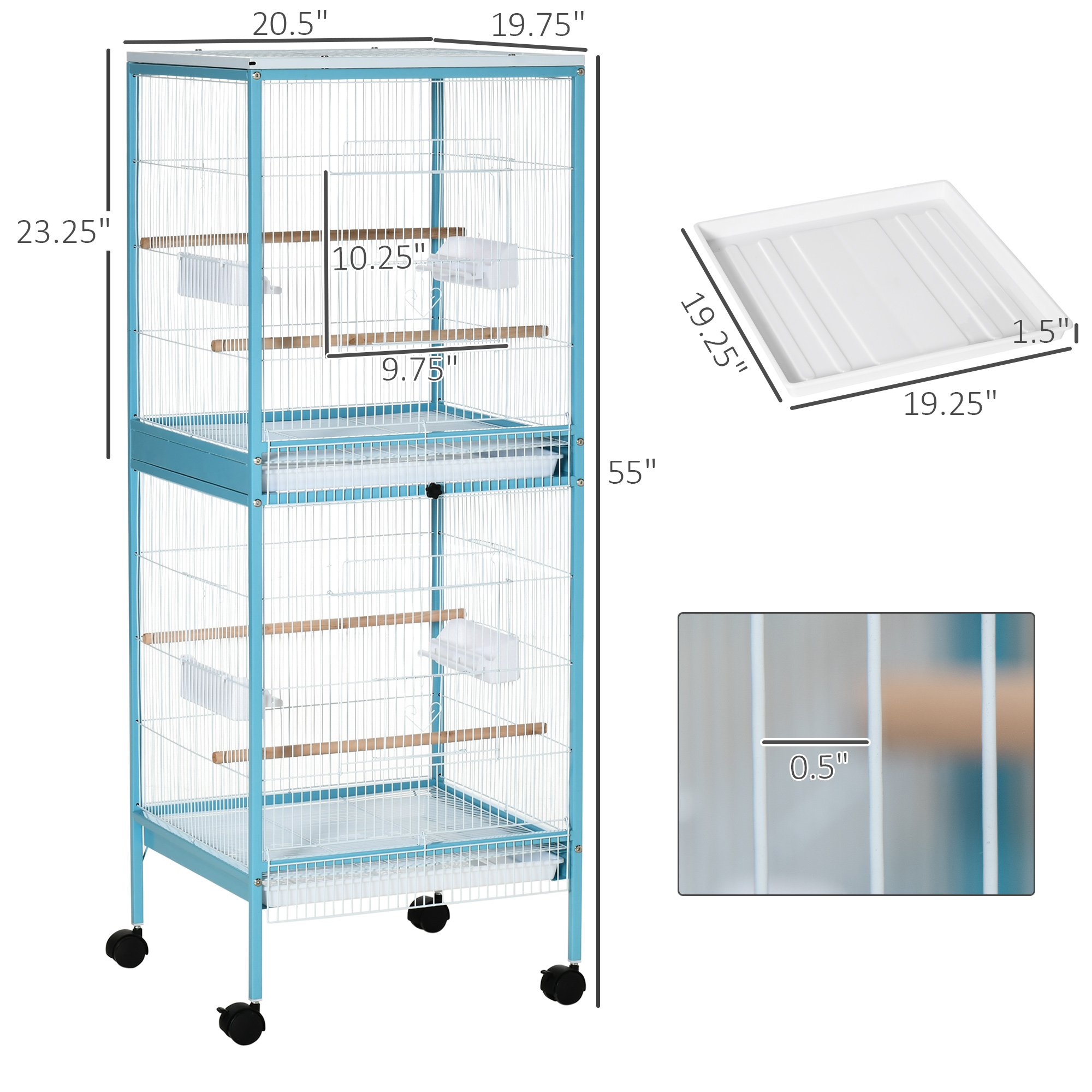 55" 2 In 1 Bird Cage Aviary Parakeet House for finches, budgies with Wheels, Light Blue photo 4
