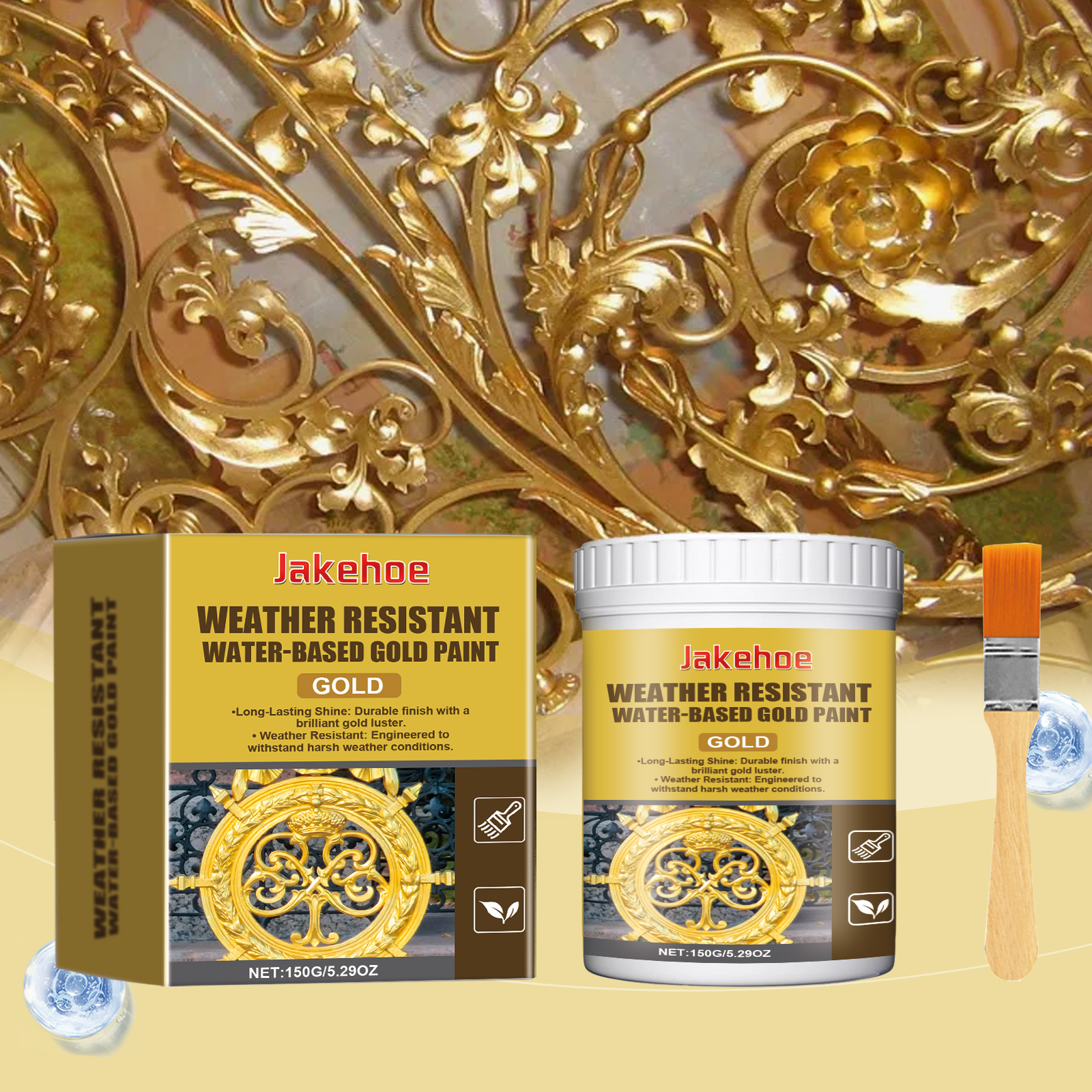 Weatherproof Waterproof Gold Paint 150g Bottle-1 Brush-box photo 4